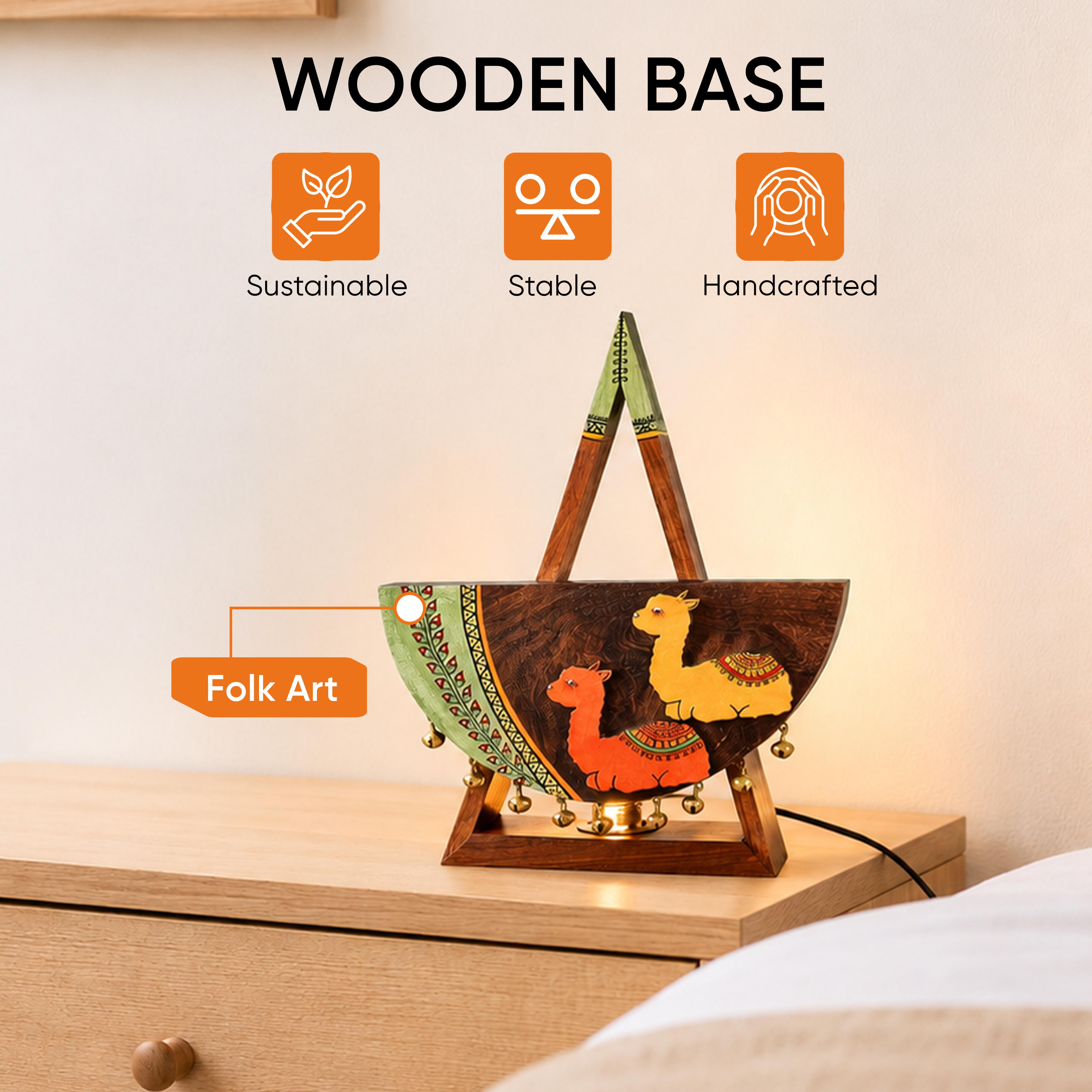 Table Lamp Handcrafted in Wood with Alpaca Motif (9.4x3.4x12")