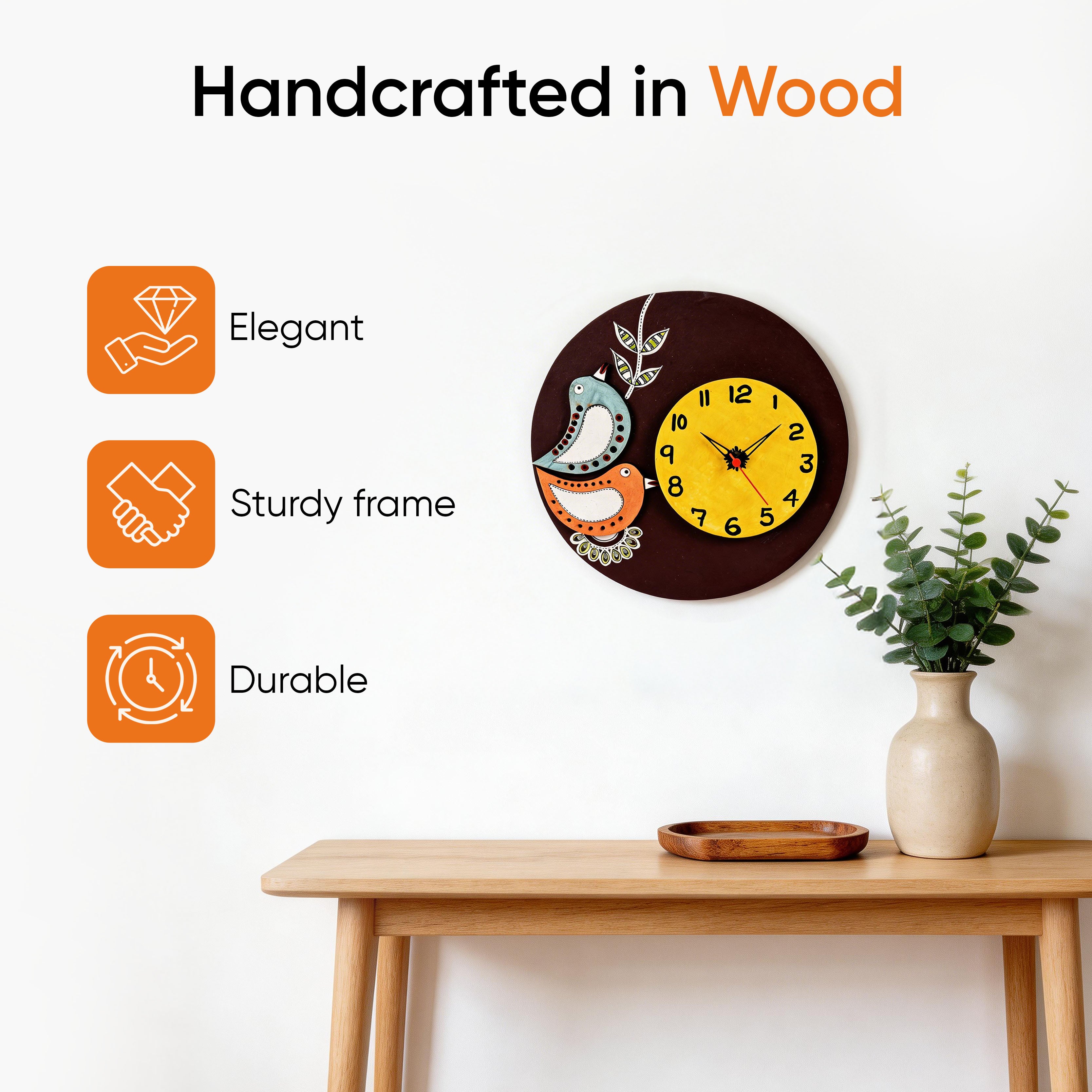 Desiree Wall Clock Handcrafted Wooden Tribal Art with Birds Motif (10x1.5x10)