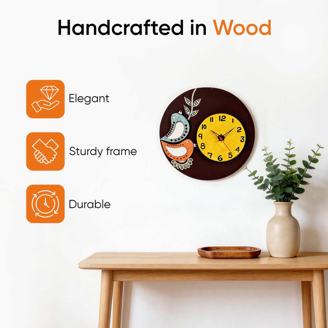 Desiree Wall Clock Handcrafted Wooden Tribal Art with Birds Motif (10x1.5x10)