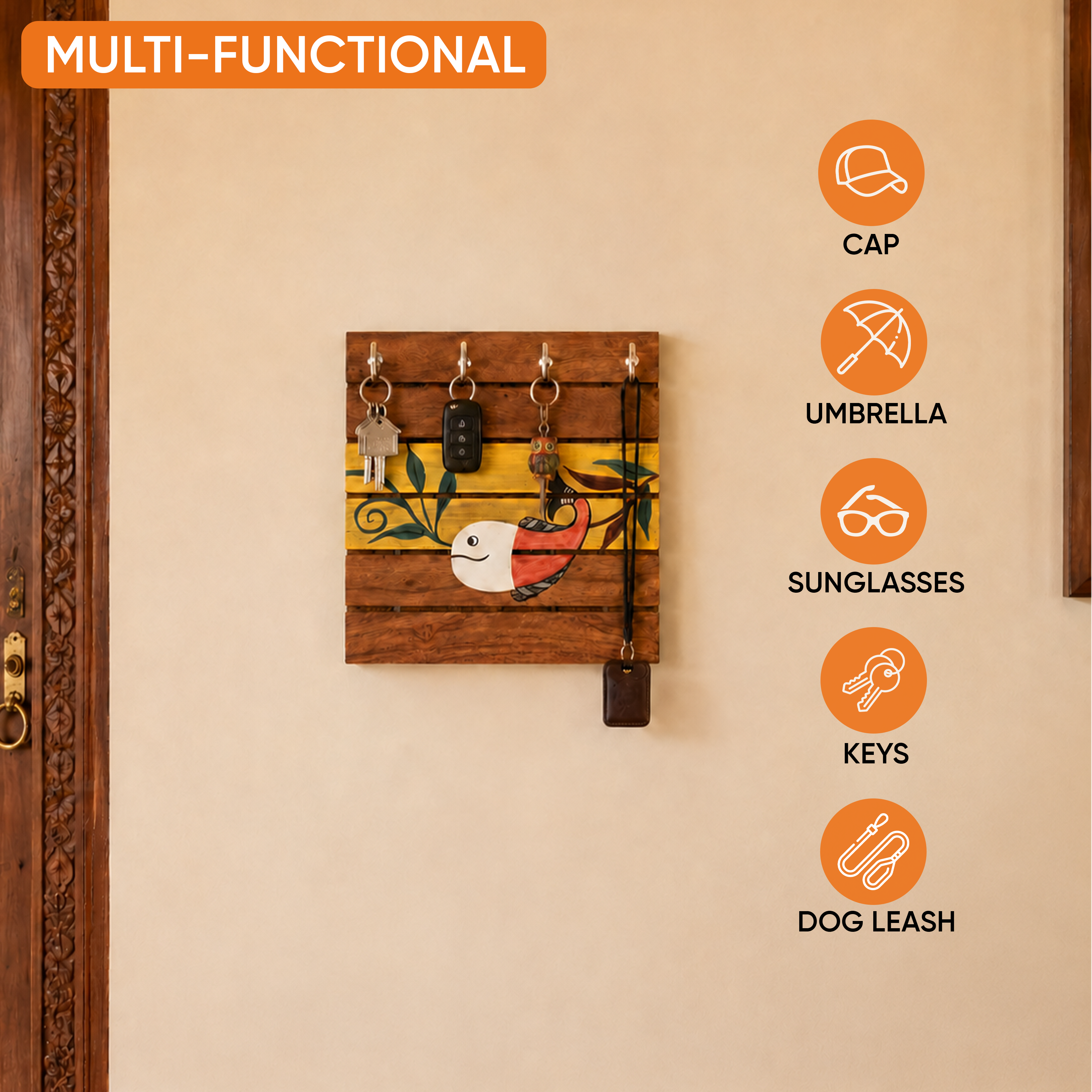 Boga Hand Painted Wooden Key Holder, Wall Mounted Key Hanger with Bird Design for Homedecor