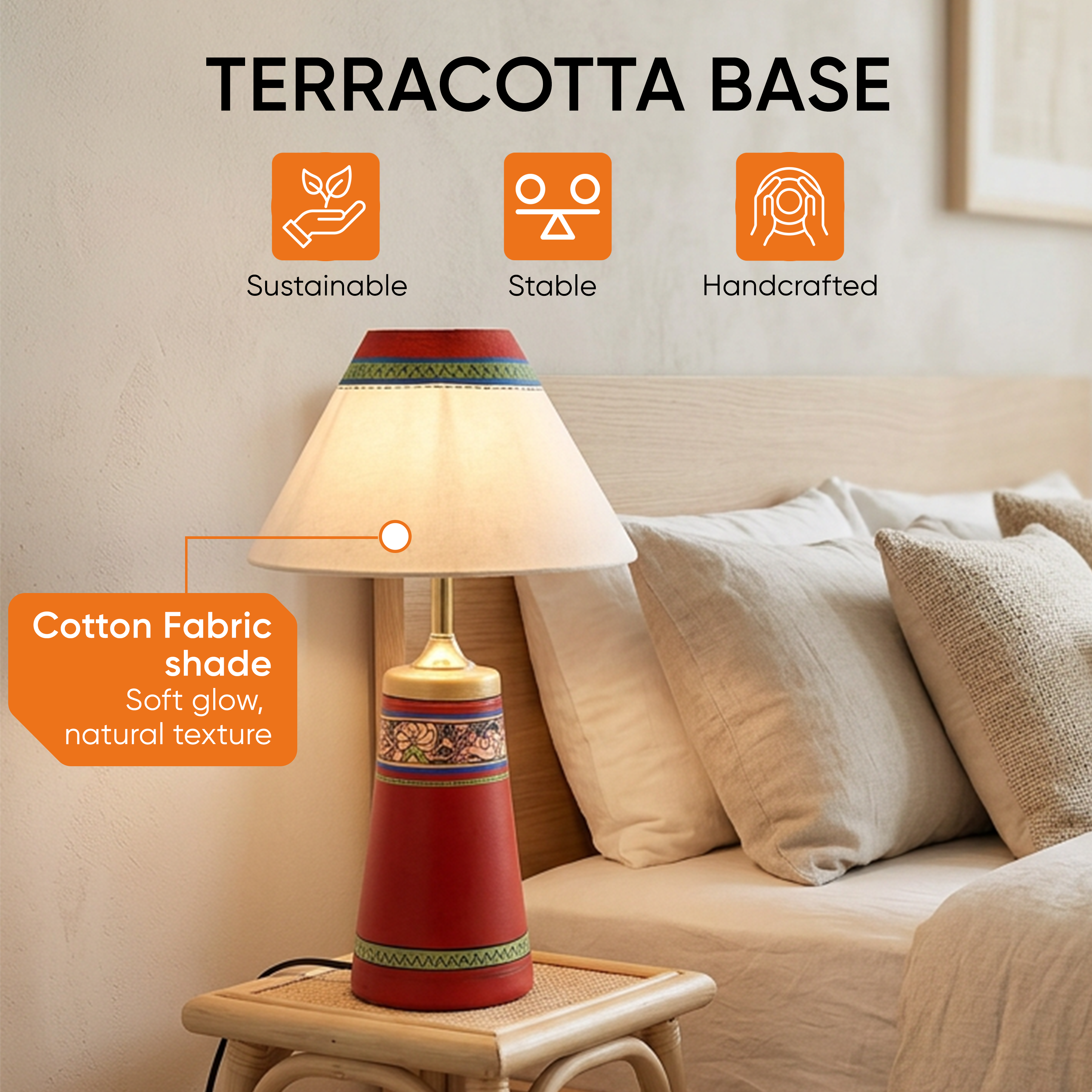 Table Lamp Red Earthen Handcrafted with White Shade (13x4.7")