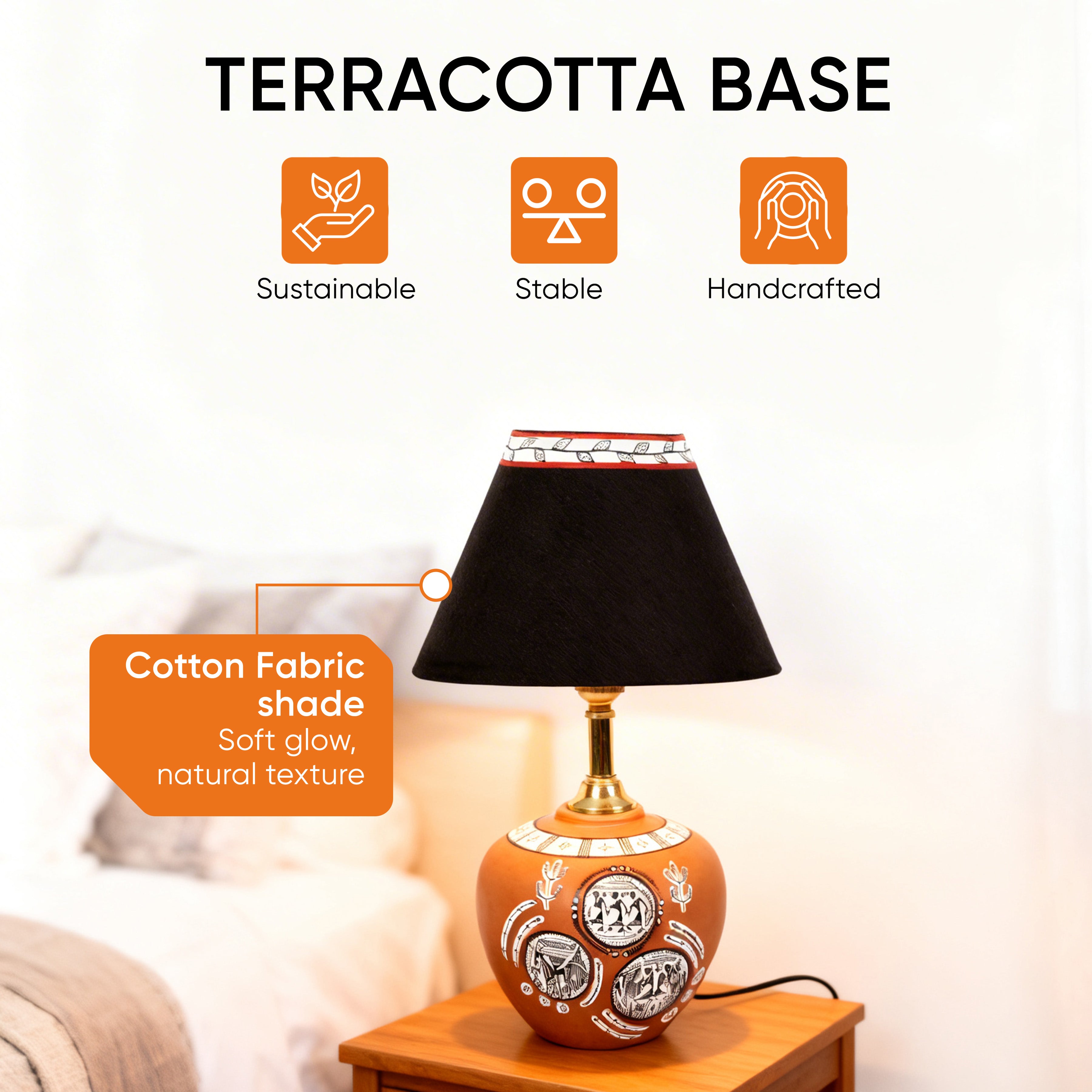 Table Lamp Terracotta Earthen Handcrafted with Black Shade (8.5x5")