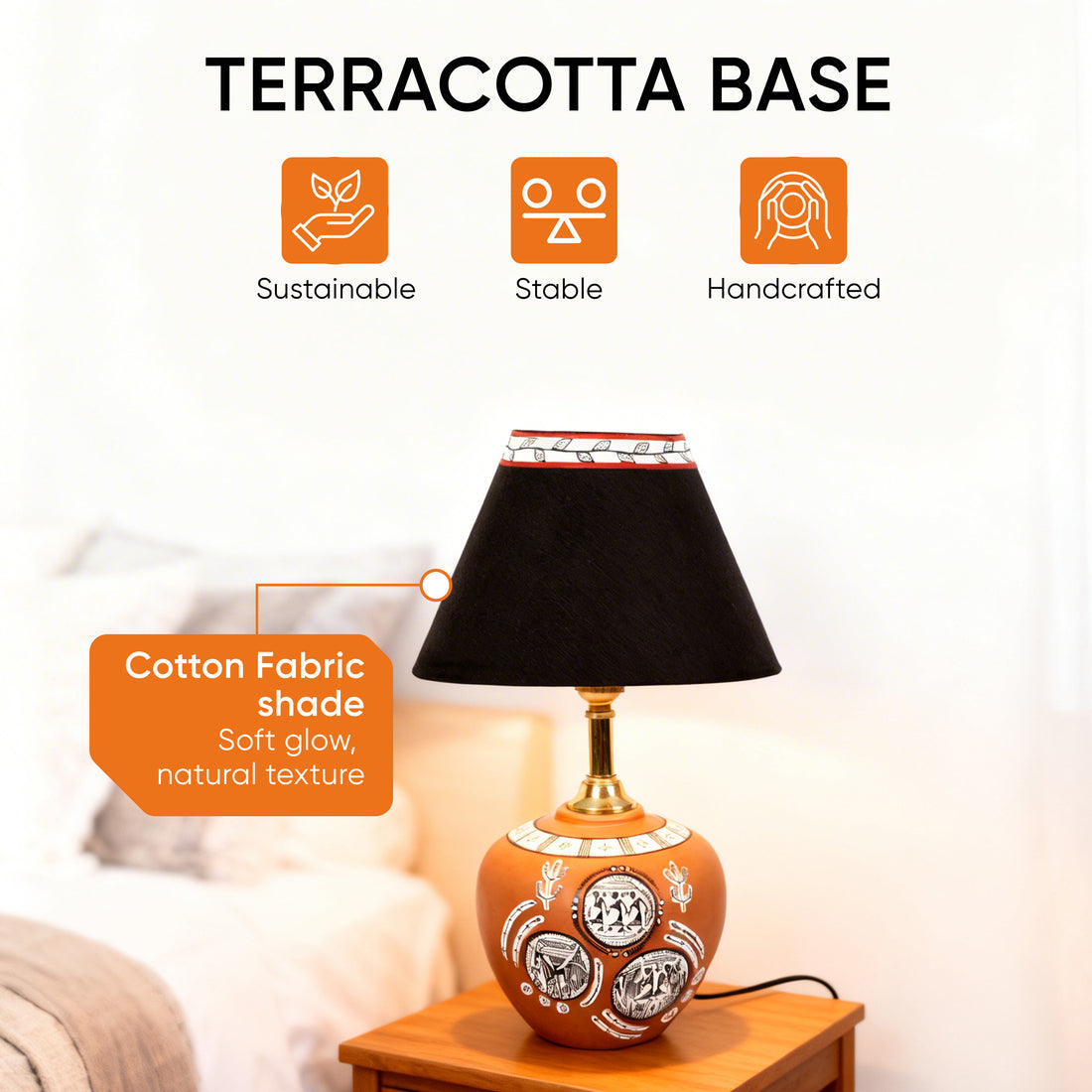 Table Lamp Terracotta Earthen Handcrafted with Black Shade (8.5x5")