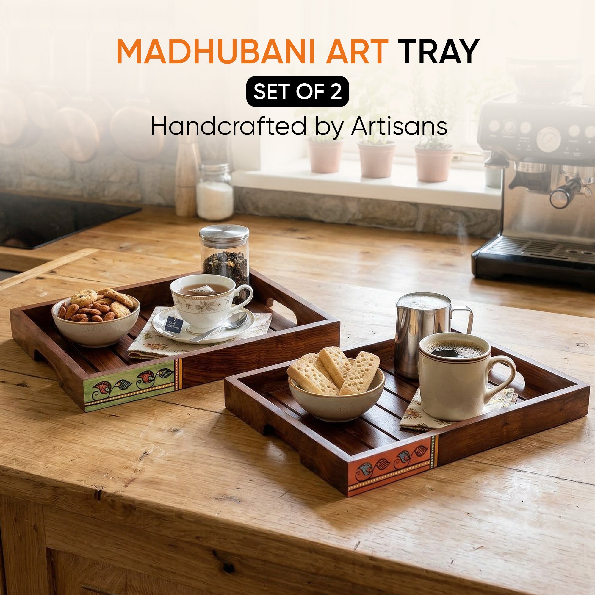 Trays with Madhubani Art Handcrafted in RoseWood (set of 2) (14x10/12x8.4")