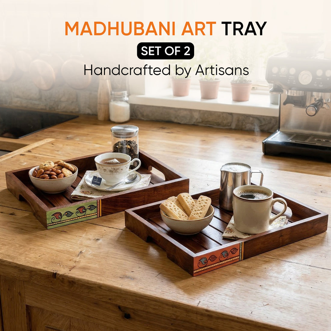 Trays with Madhubani Art Handcrafted in RoseWood (set of 2) (14x10/12x8.4")