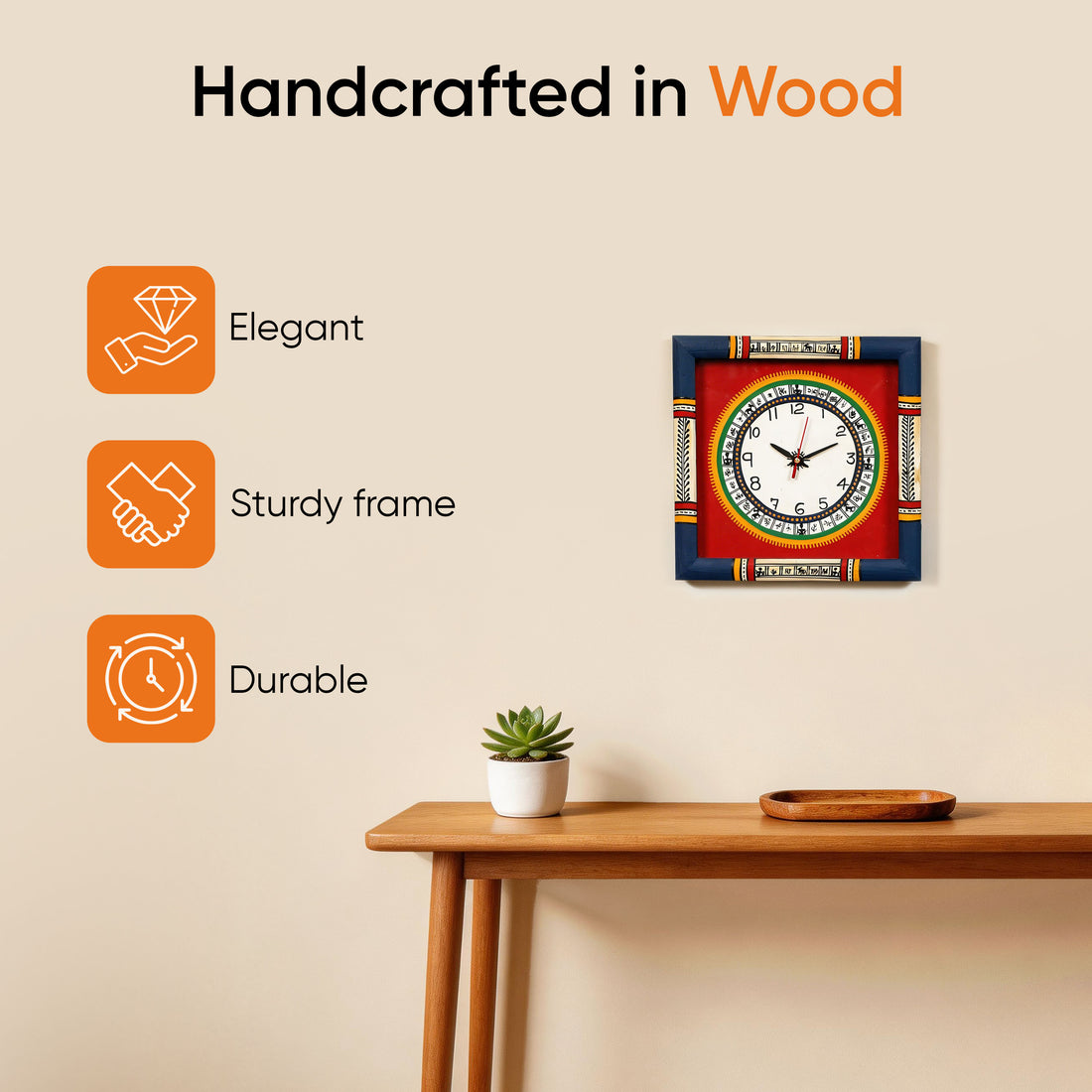 Wall Clock Handcrafted Warli Art Red Dial with Glass Frame (10x10)