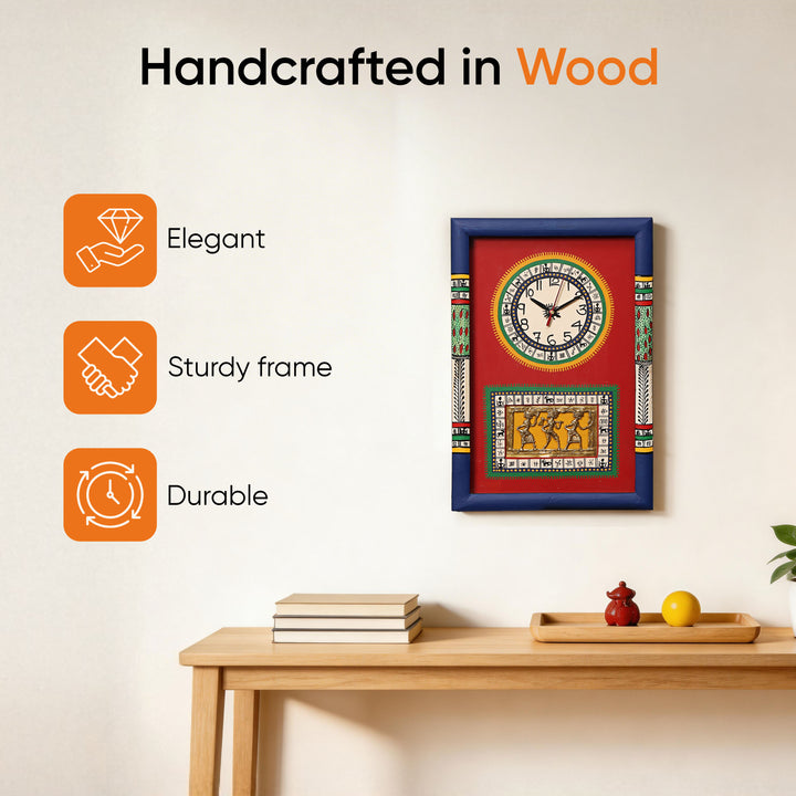 Wall Clock Handcrafted Warli/Dhokra Art Red Dial with Glass Frame (10x15)