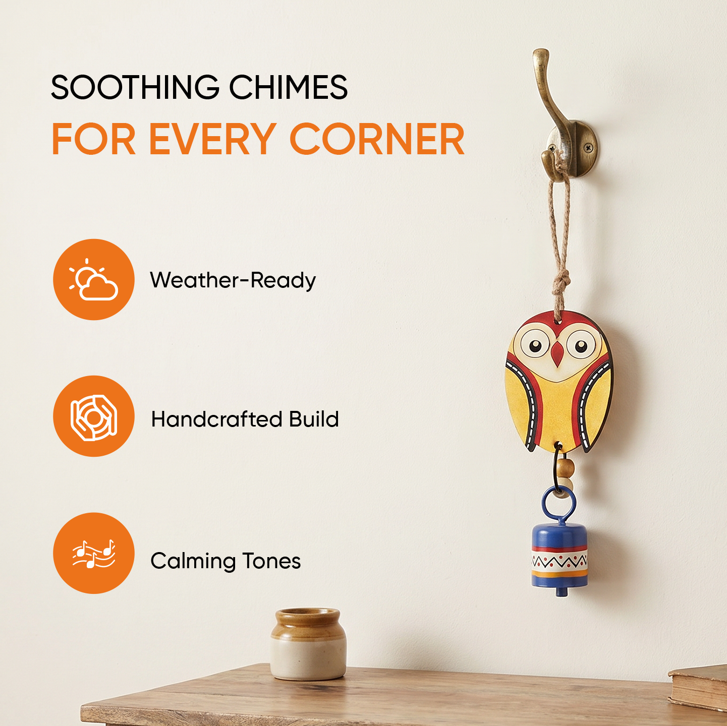 Owl Wind Chime with Metal Bell, Yellow and Blue