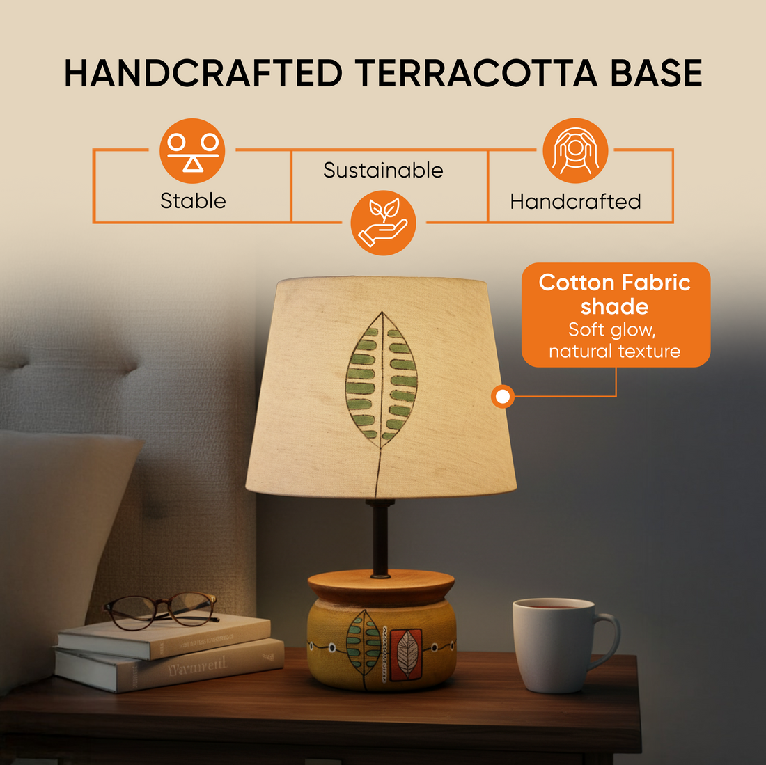 Handcrafted Wooden Table Lamp with Round Base and Fabric Shade, Decorative Bedside and Living Room Lighting