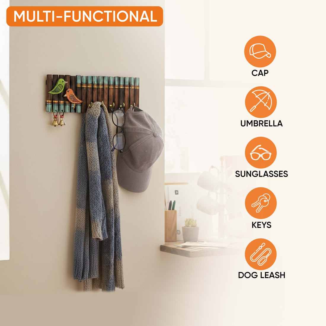 Key Holder Handcrafted Tribal Art Wooden Strips & birds 4 keys (12x1.4x5.4)