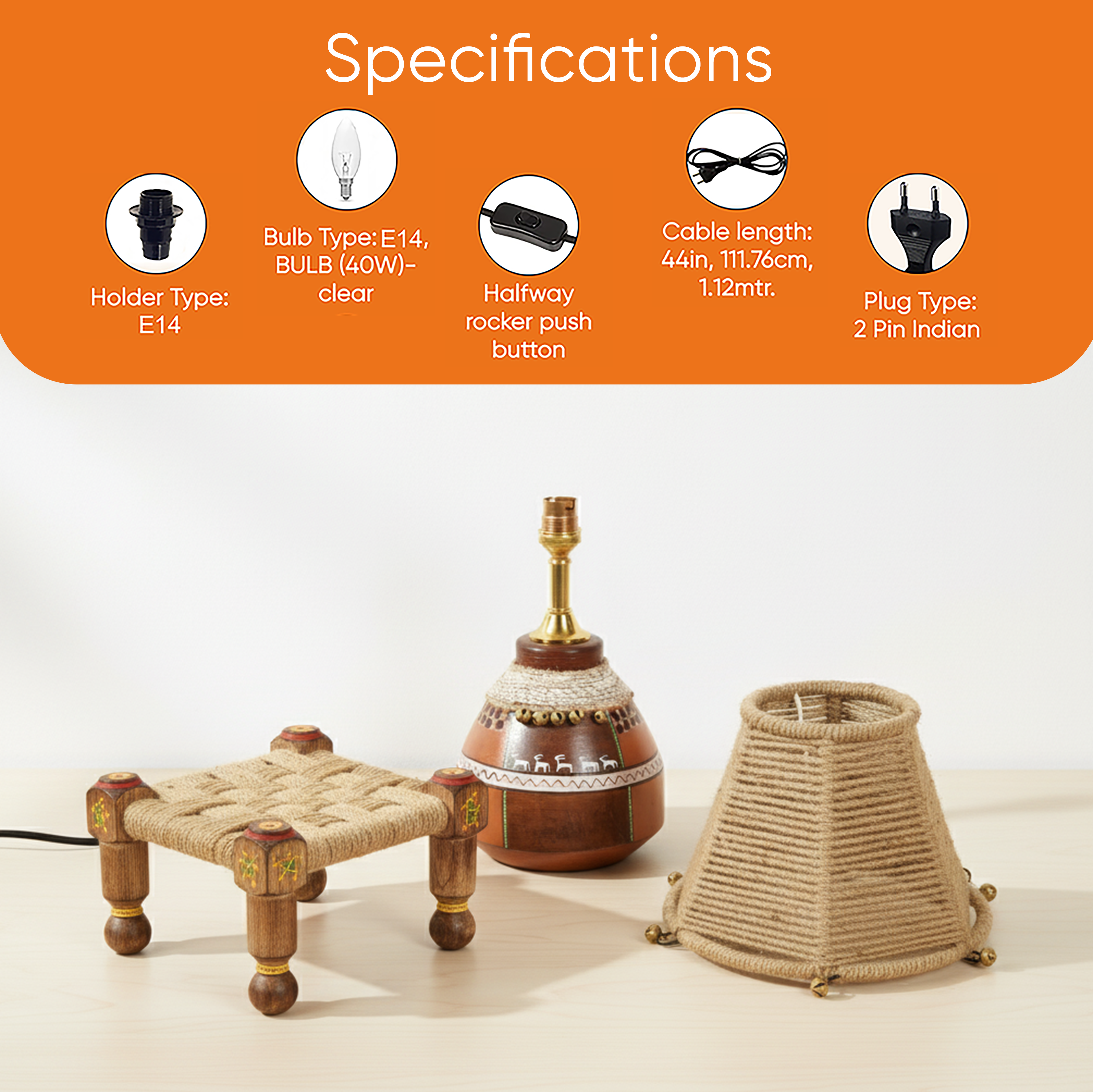 Hand Knitted Earthen Lamp with Jute Shade on Rosewood Manji (7x7x18")