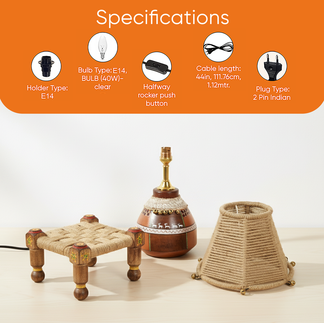 Hand Knitted Earthen Lamp with Jute Shade on Rosewood Manji (7x7x18")