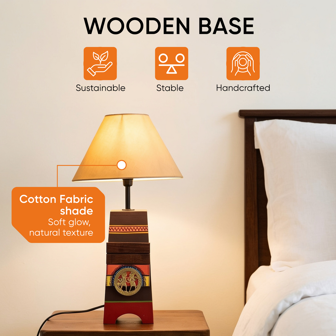 Handcrafted Wooden Table Lamp with Beige Shade, Artistic Bedside and Living Room Lighting