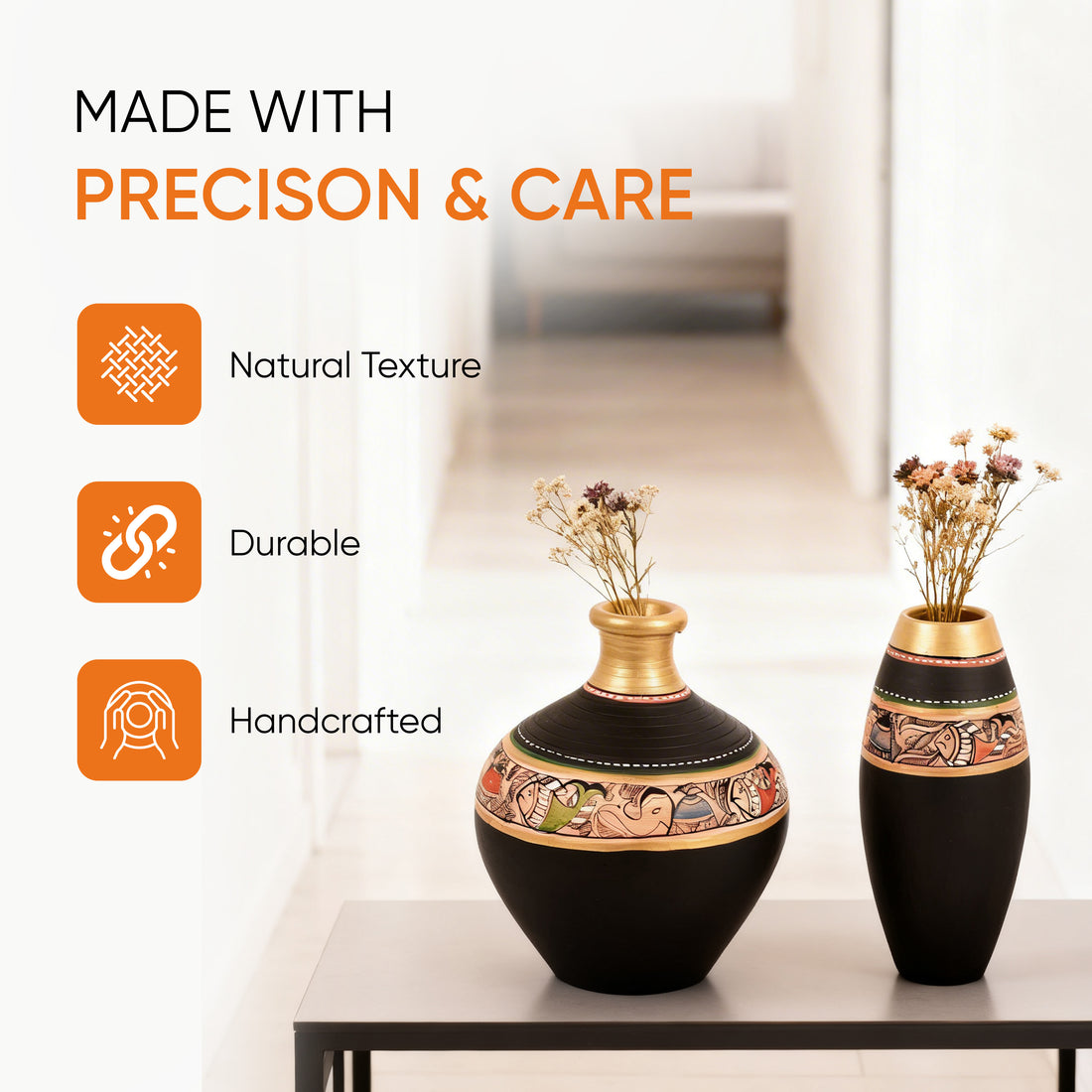 Vase Earthen Black Madhubani (Set of 2) (6x5/6x3)