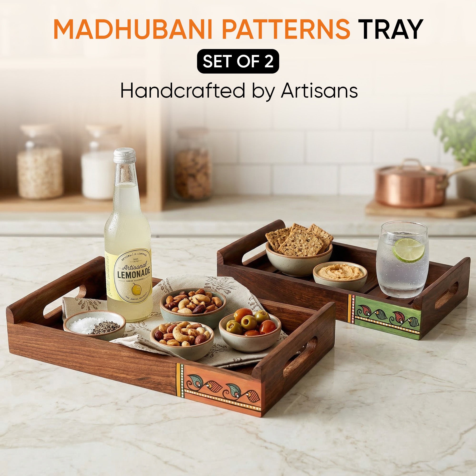 Trays with Madhubani Patterns Handcrafted in RoseWood (set of 2) (13x7/11.5x5.5")