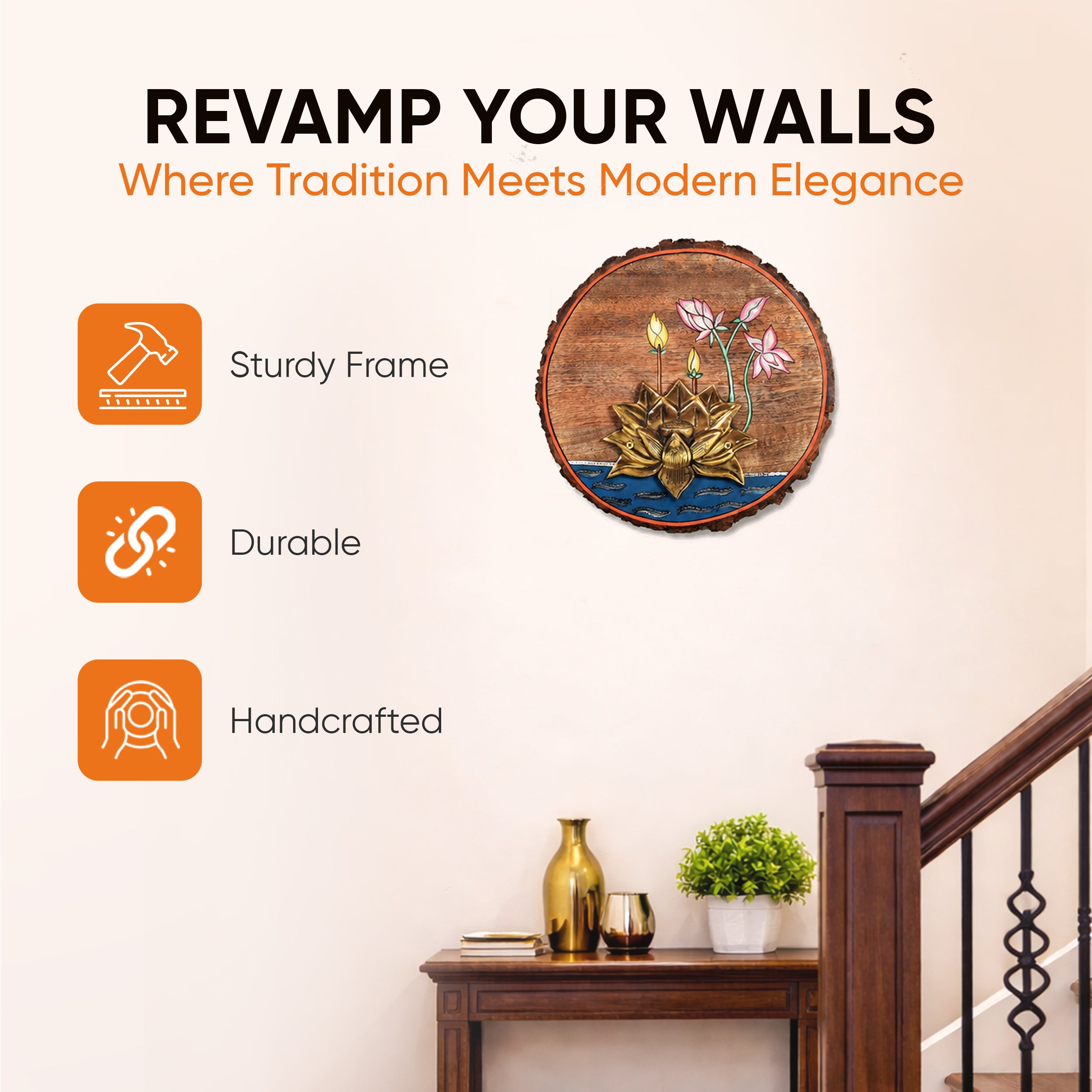 Kamala Lotus Wall Art, Handcrafted Wooden Decor with Lotus Flower and Diyas for Purity, Grace and Spiritual Glow