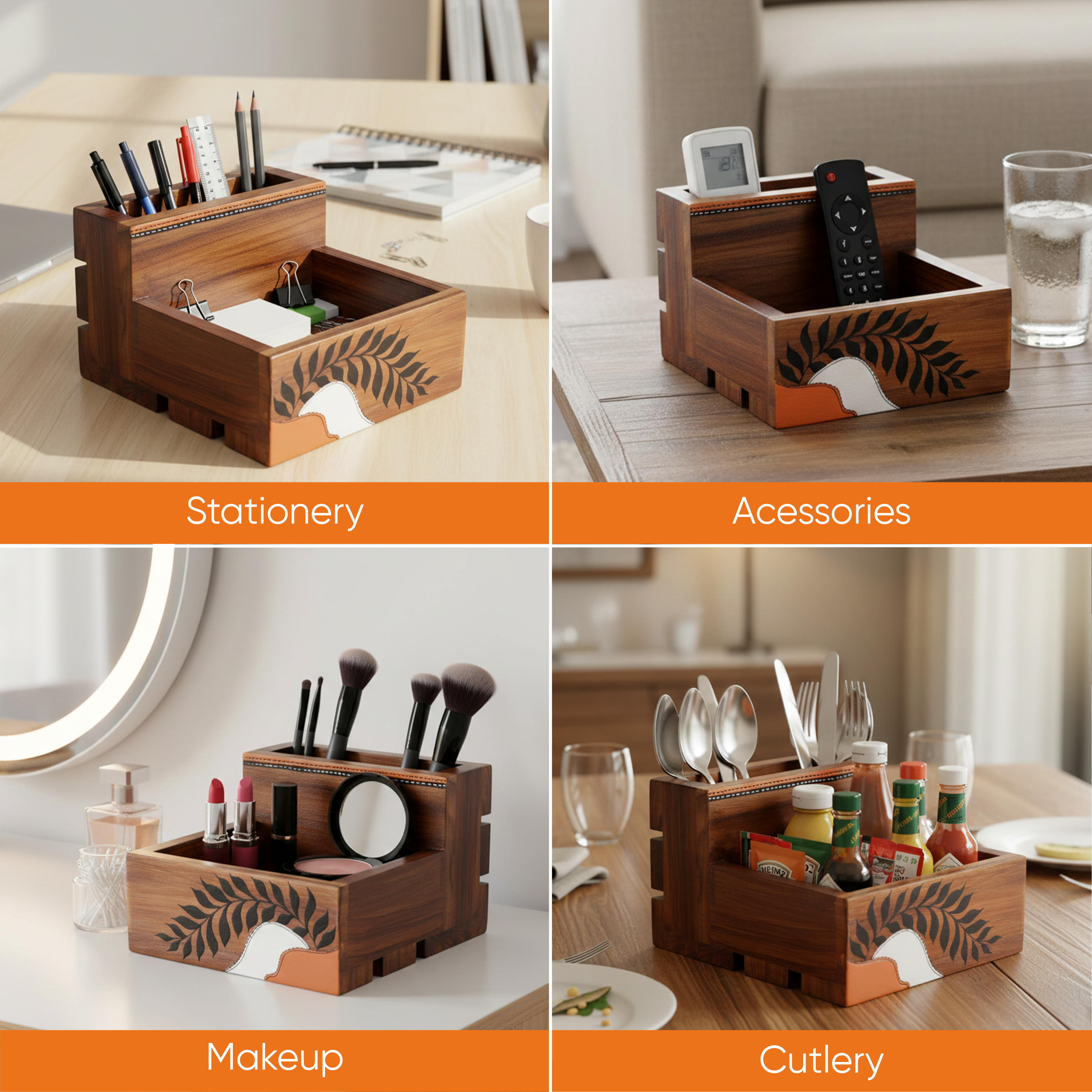 Teak leaves cutlery holder large (7x6x4.1)
