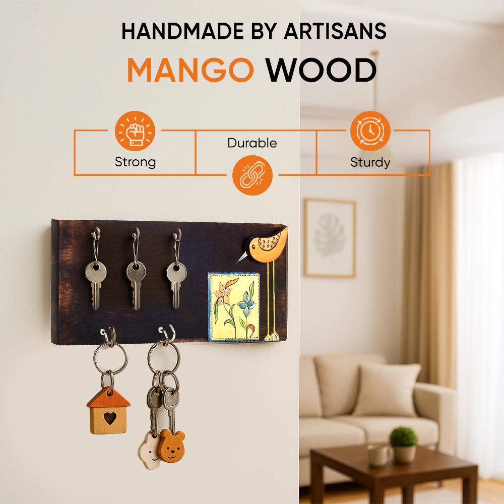 Rio Hand Painted Wooden Key Holder, Horizontal Wall Mounted Key Hanger with Bird and Floral Art for Entryway and Homedecor