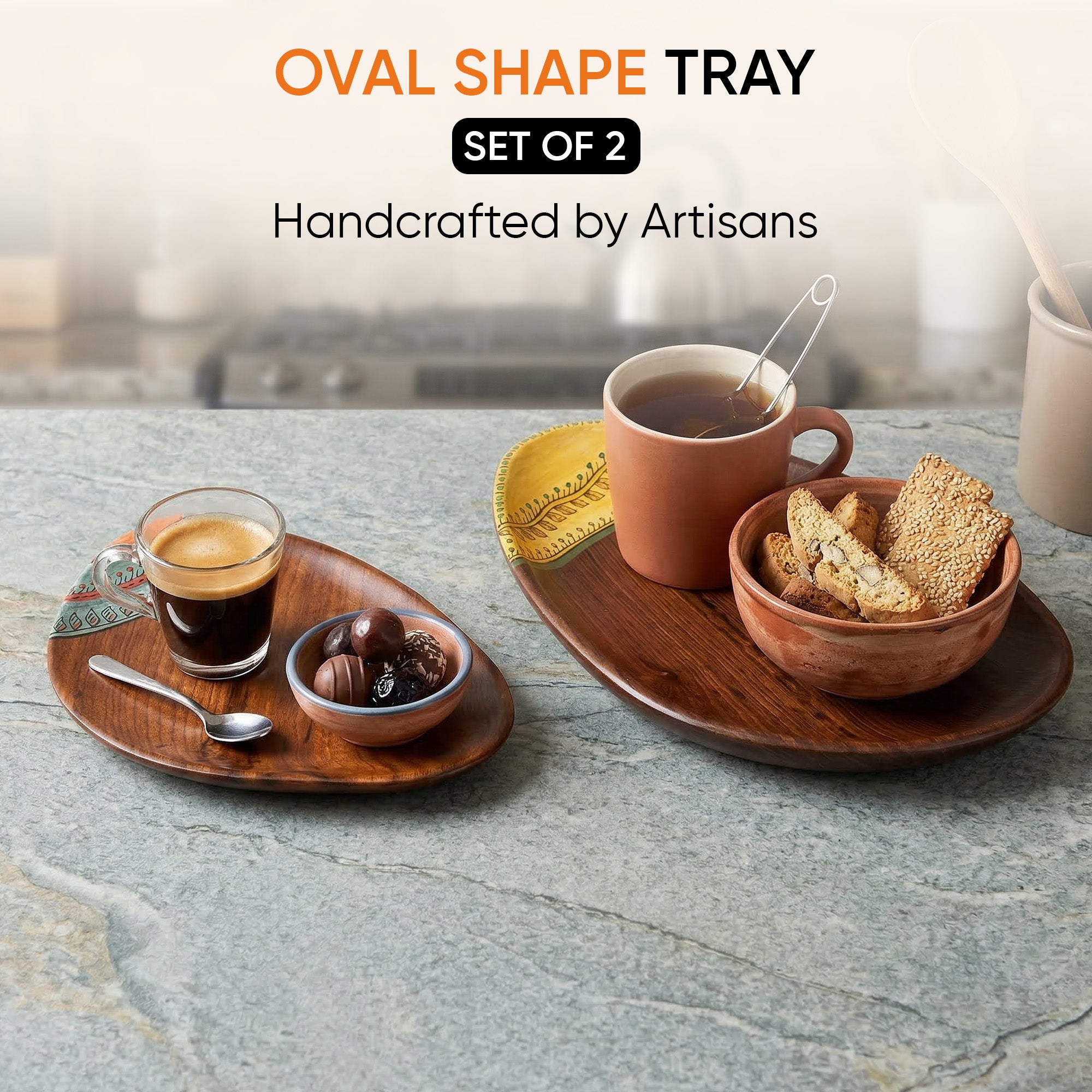 Trays in Oval Shape with Tribal Motifs Handcrafted in RoseWood (11x7")