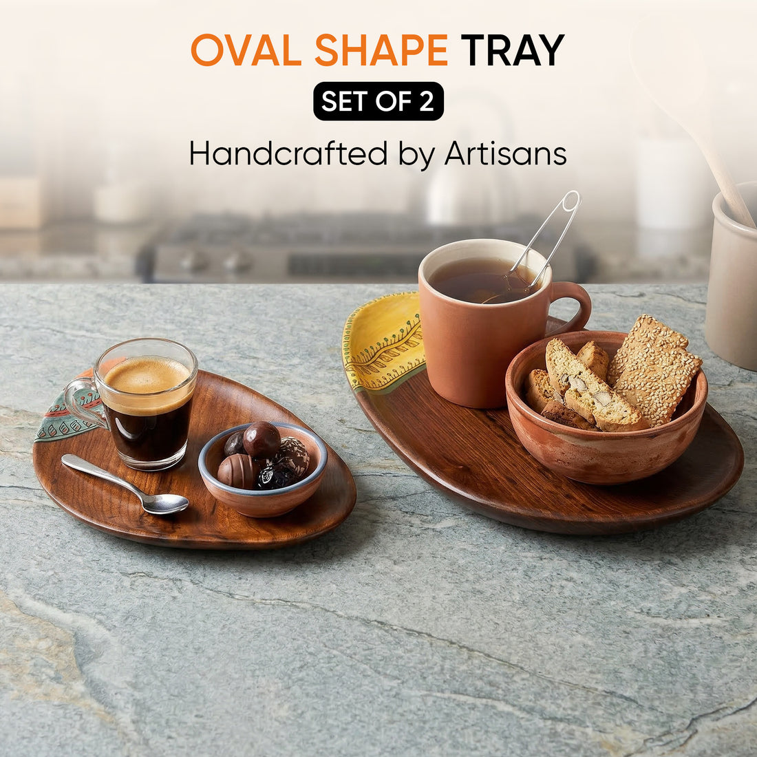 Trays in Oval Shape with Tribal Motifs Handcrafted in RoseWood (11x7")
