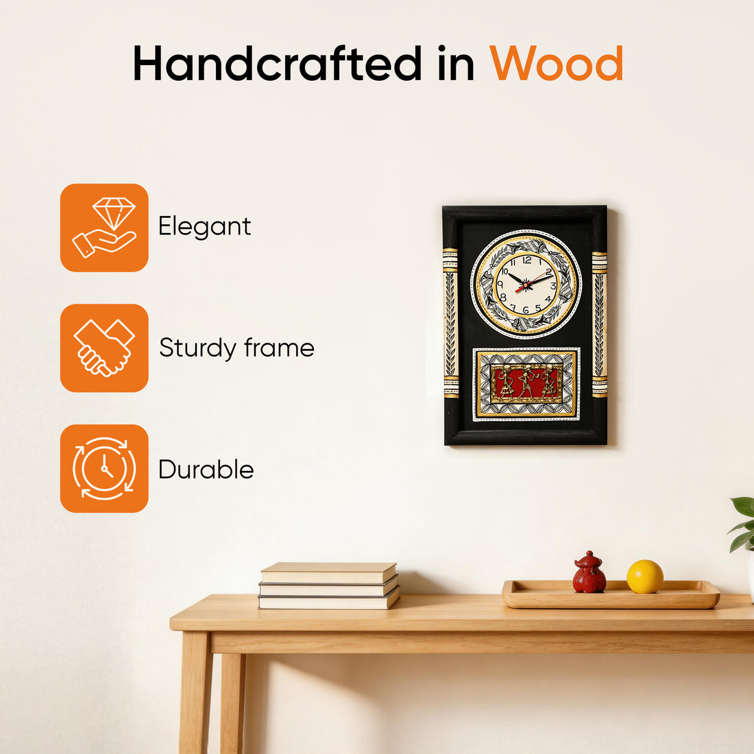 Wall Clock Handcrafted Warli/Dhokra Art Black Dial with Glass Frame (10x15)