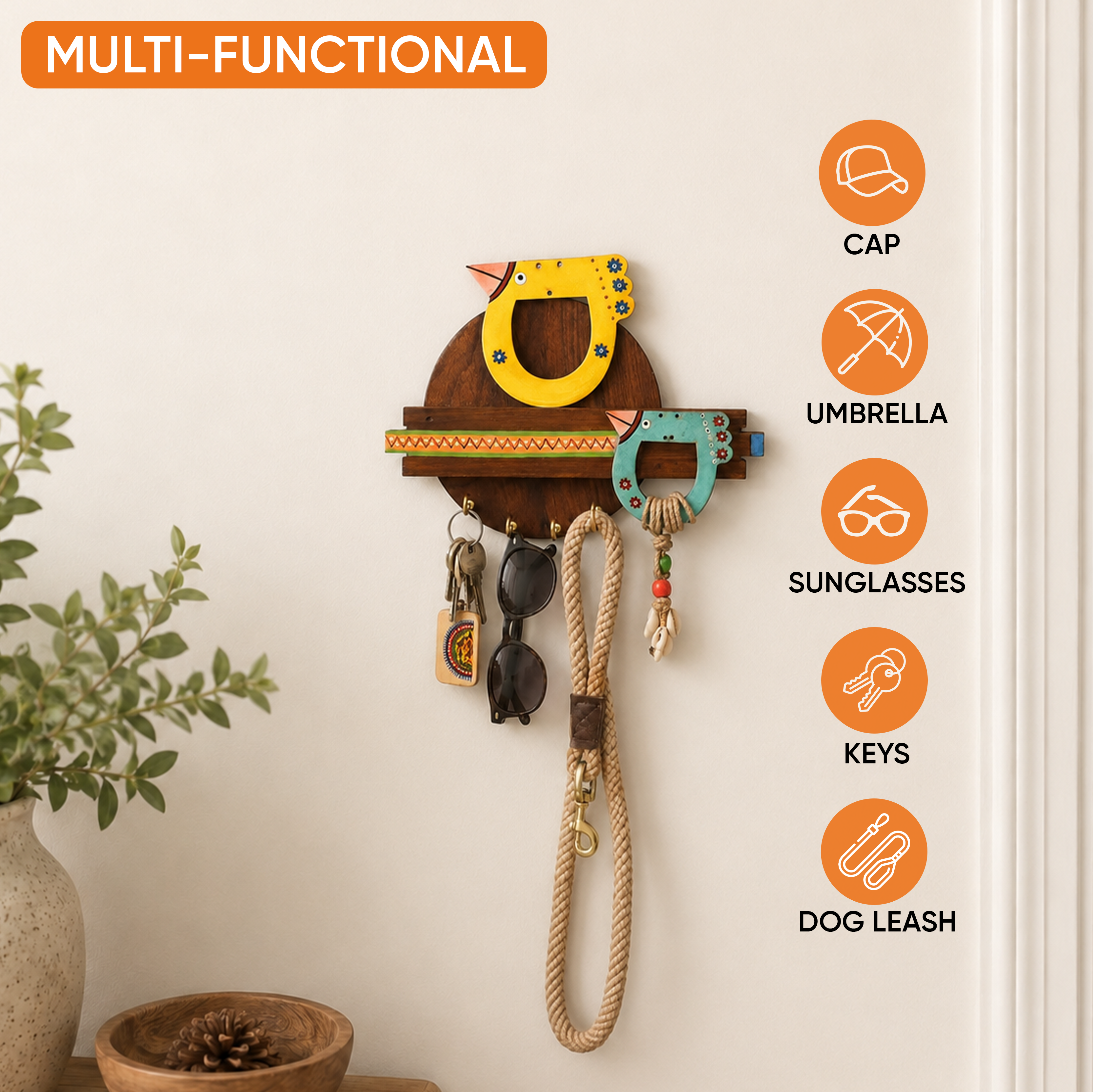 Key Holder Handcrafted Tribal Art Bird Theme 4 Keys (10x1.7x7.5)