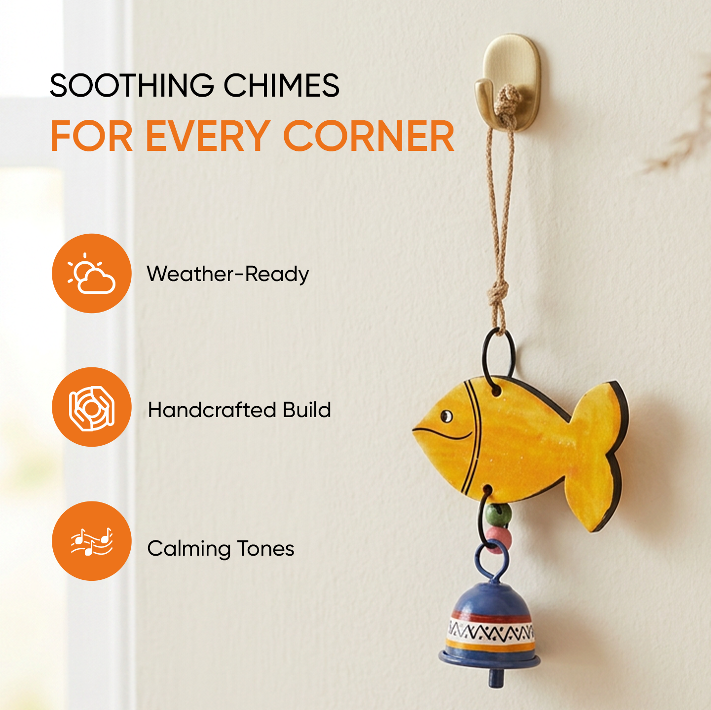 Handpainted Orange Fish Wind Chimes for Home Decorative (Multicolour)