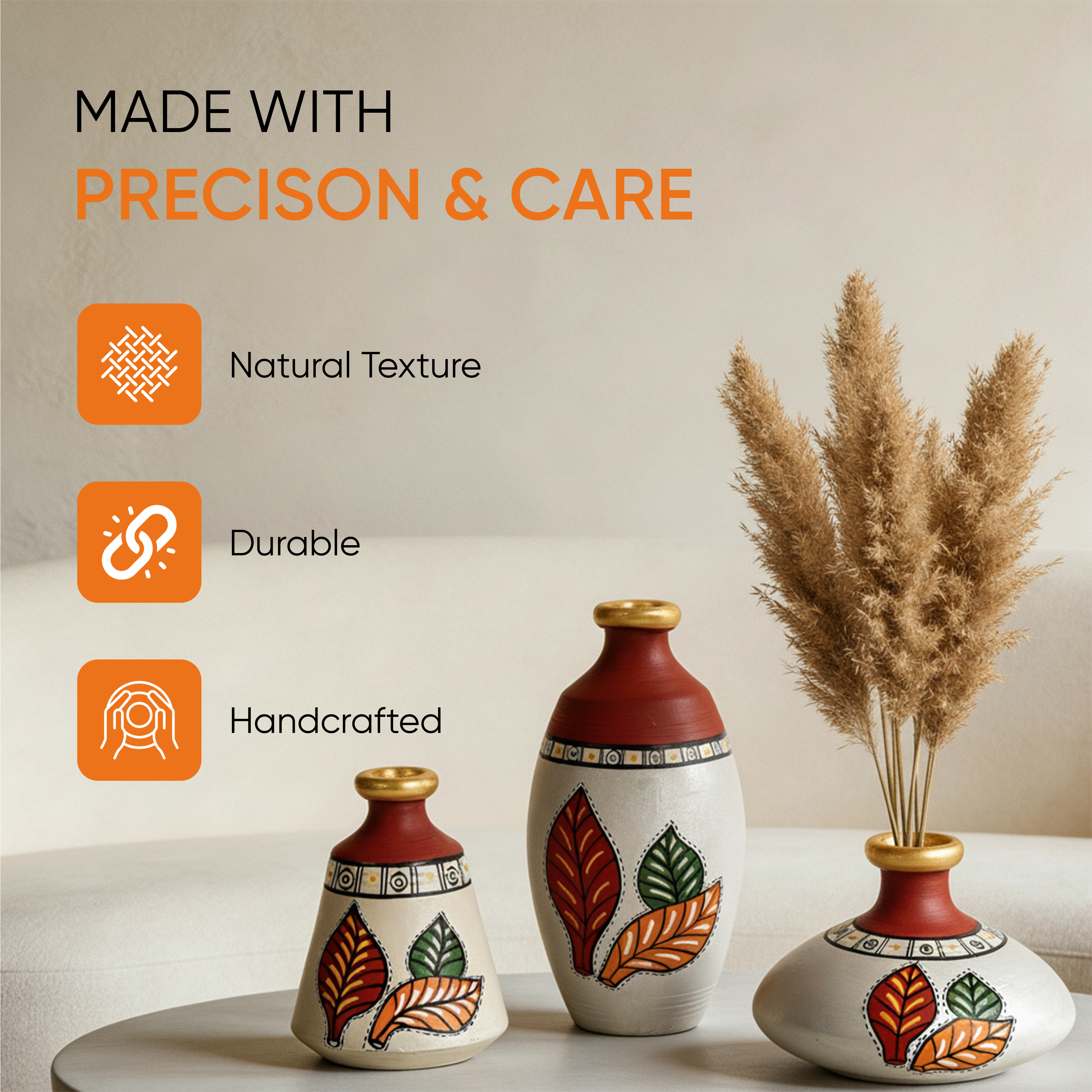 Silver Bloom Earthen Vases Handpainted in Tribal Art