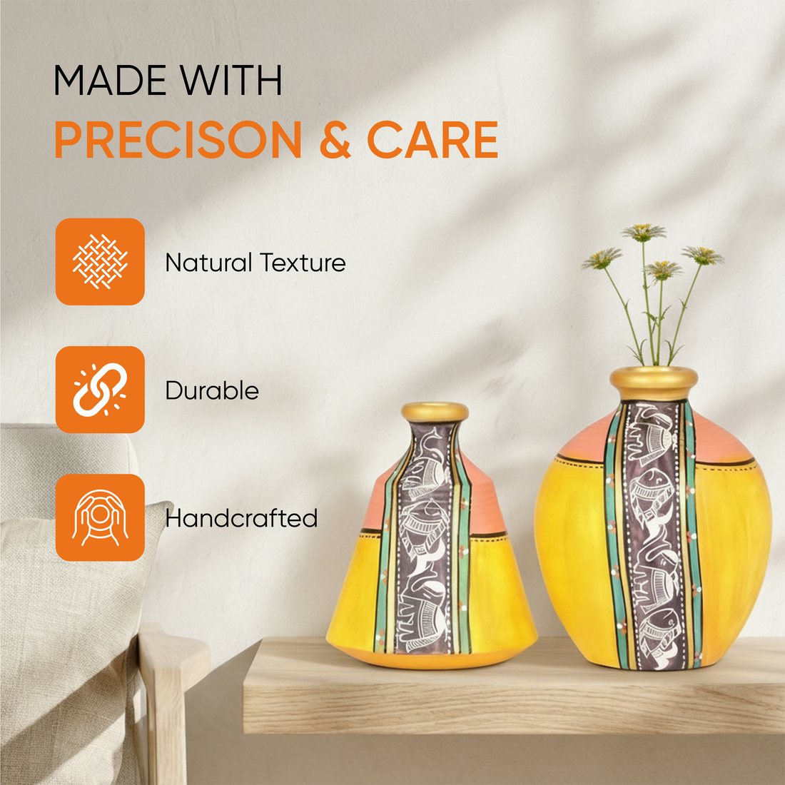 Vase Earthen Yellow Madhubani (Set of 2) (4x3.5/5x3.6)