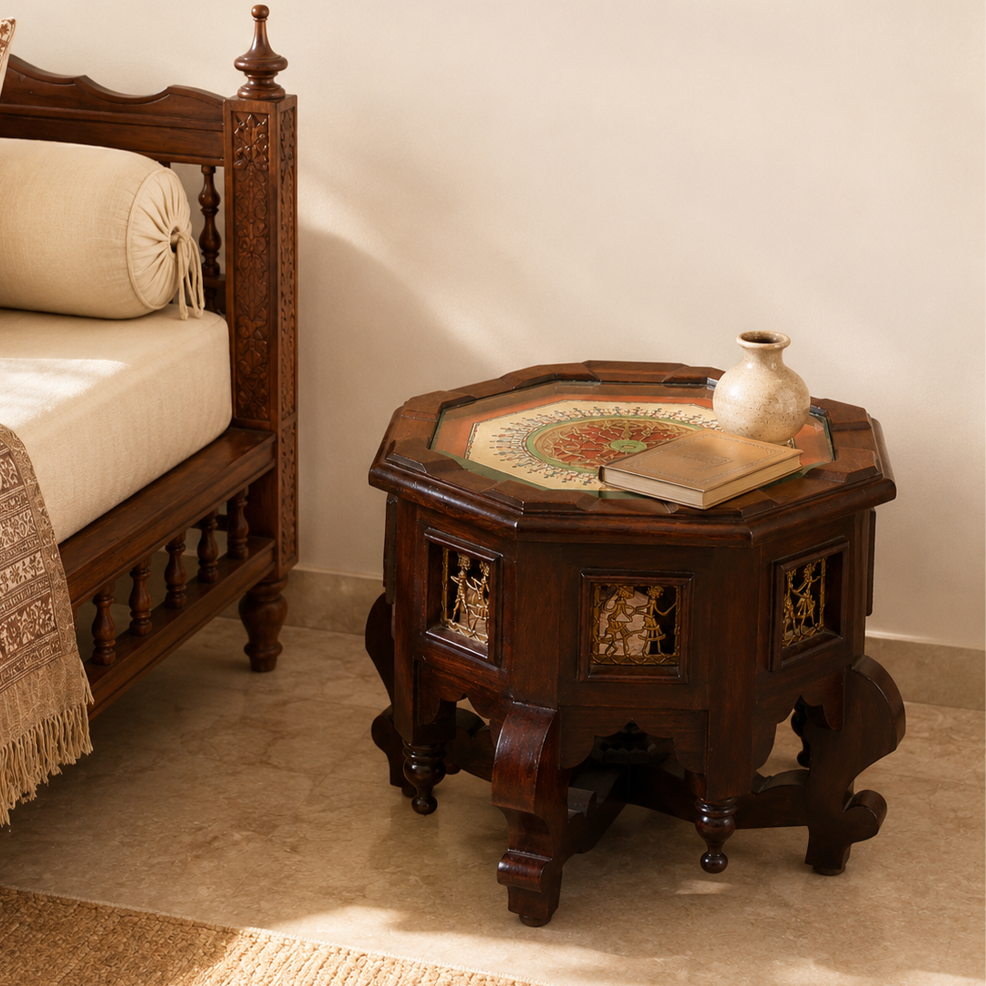 Princess Octagonal Accent Table in Teak Wood with Walnut Finish (15x15x12)