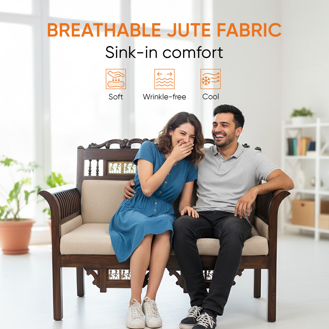 Maharaja Double Seater Sofa in Teakwood with Walnut Finish adorned with Dhokra Brass Frames (51x26x38)