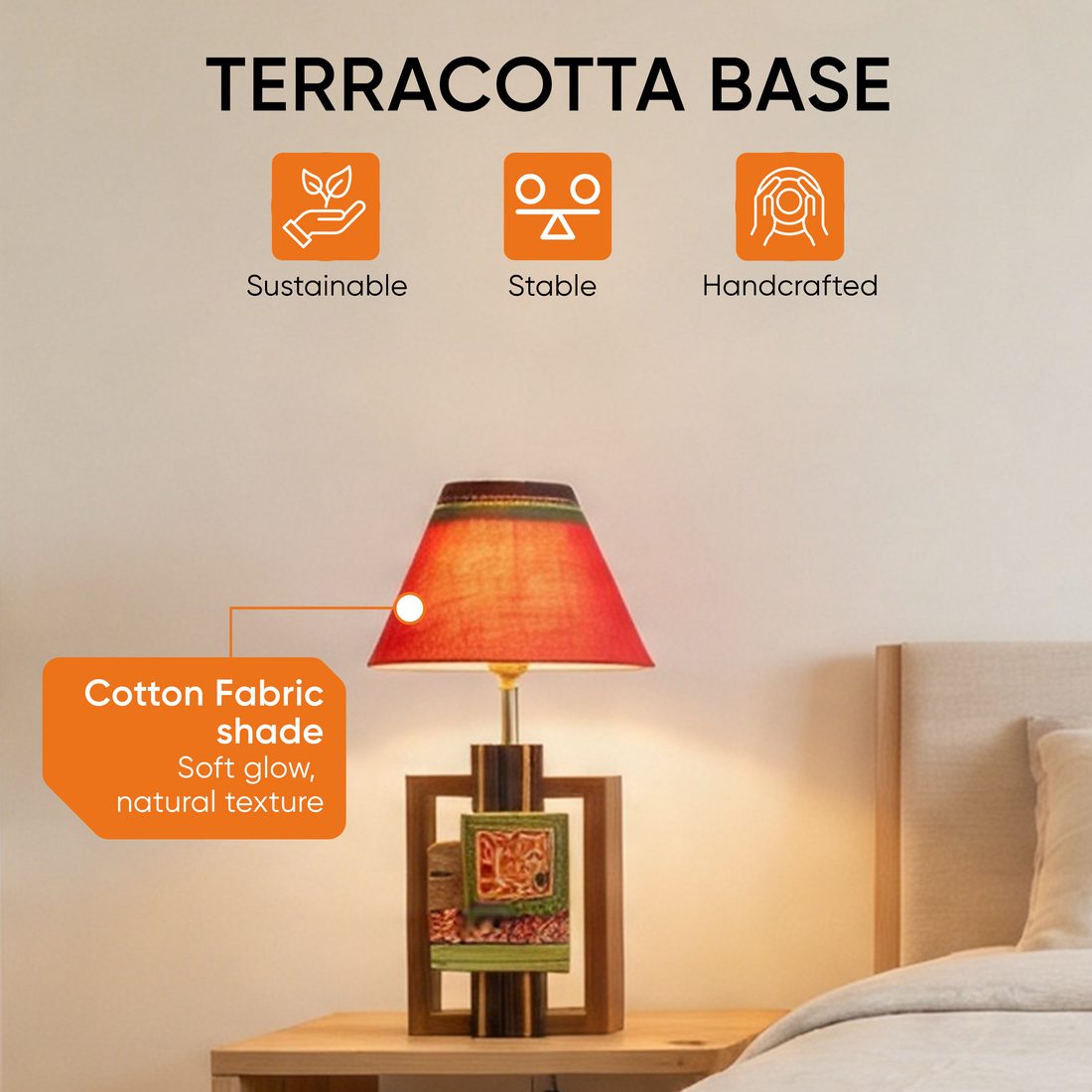 Table Lamp Handcrafted in Wood with Tribal Motifs & Red Shade (6x4x12.5")