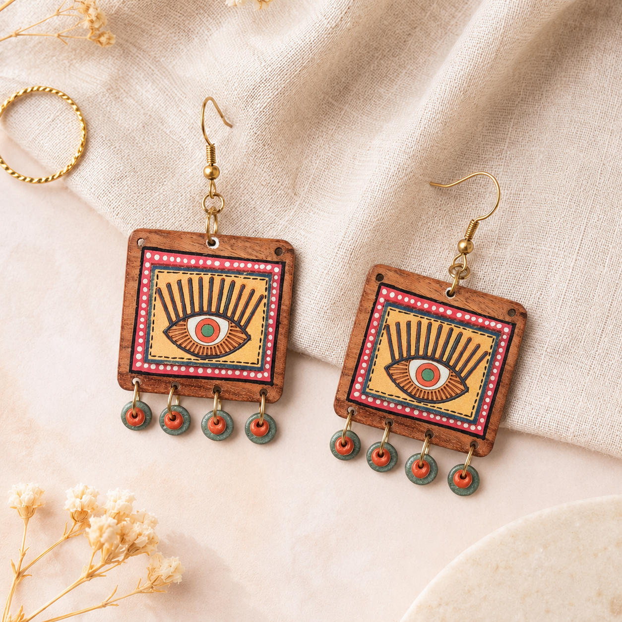 Evil Eye-V' Handcrafted Tribal Wooden Earrings