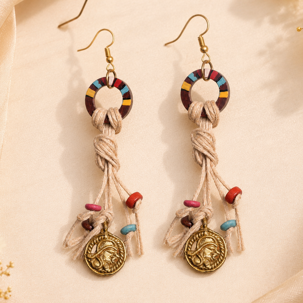 Rustic Loops: Handcrafted Wooden Earrings with Intricate Brass Figures