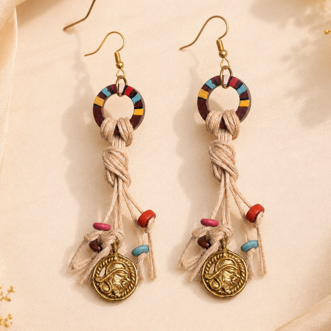 Rustic Loops: Handcrafted Wooden Earrings with Intricate Brass Figures