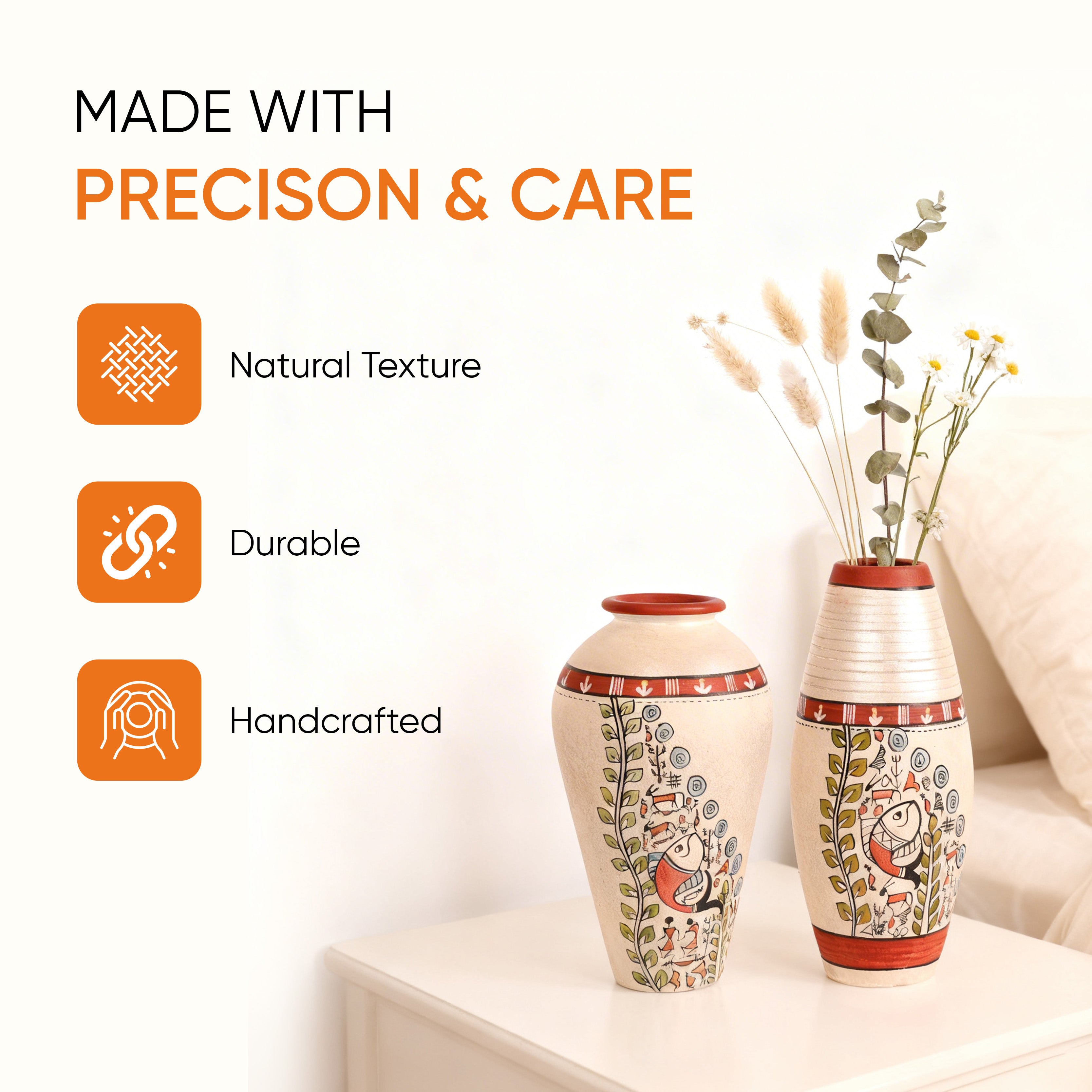 Vase Earthen White Madhubani (Set of 2) (6x3.4/6.4x3)