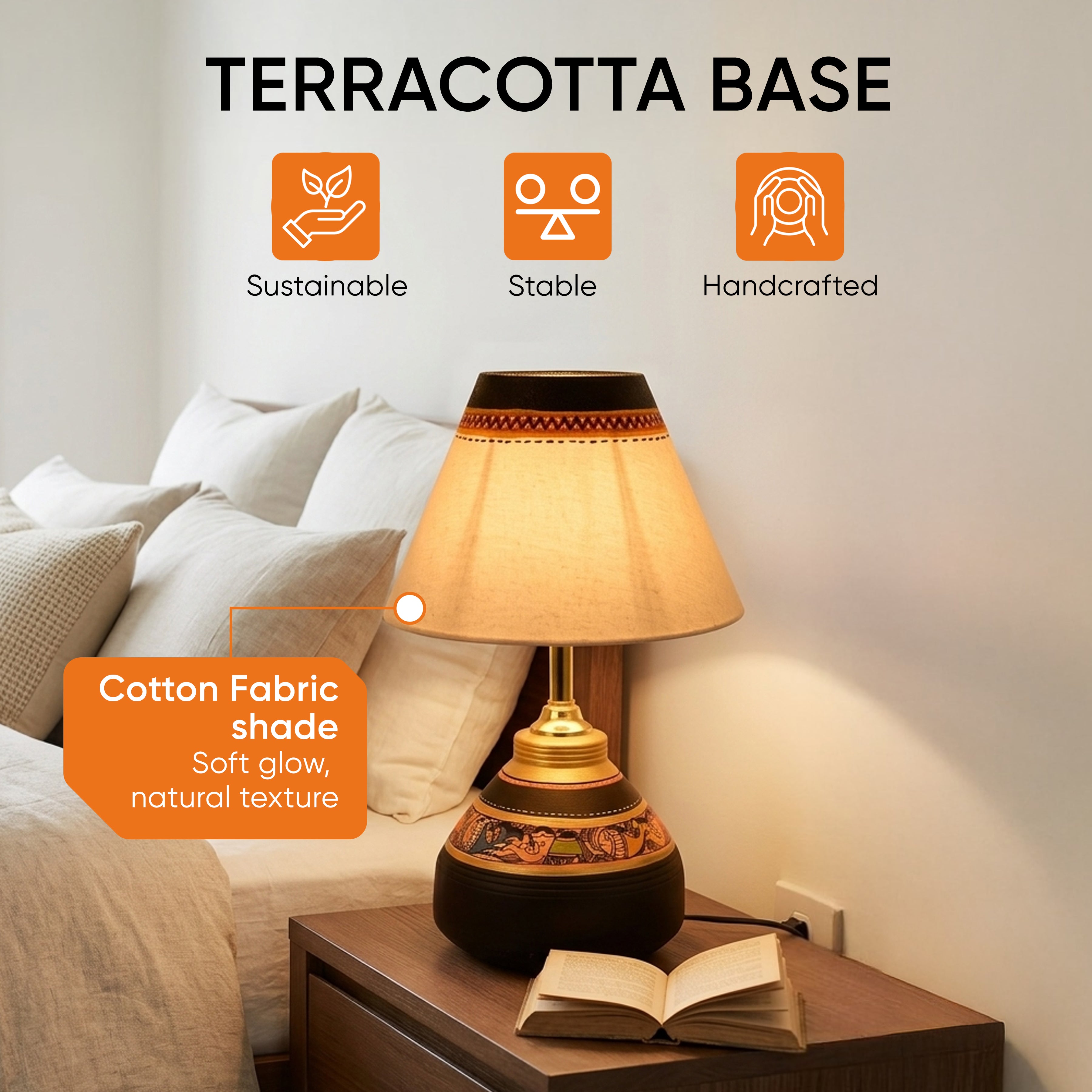 Table Lamp Black Earthen Handcrafted with White Shade (9.5x6")