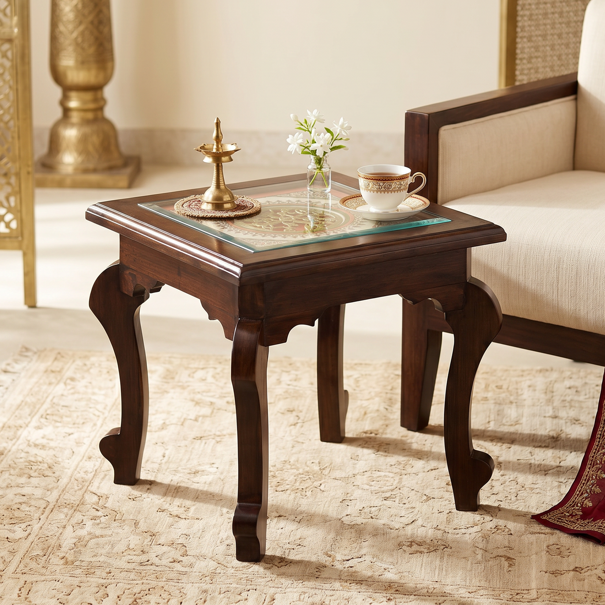 Munich-I Bedside Table with Oriental Legs in Teakwood with Walnut Matte Finish (16x16x16)