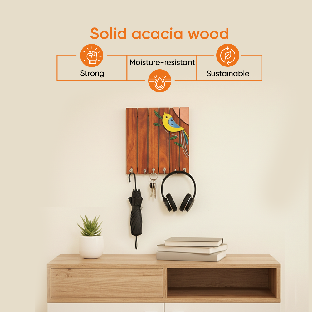 Robin Hand Painted Wooden Key Holder, Wall Mounted Bird Design Key Hanger for Entryway and Homedecor