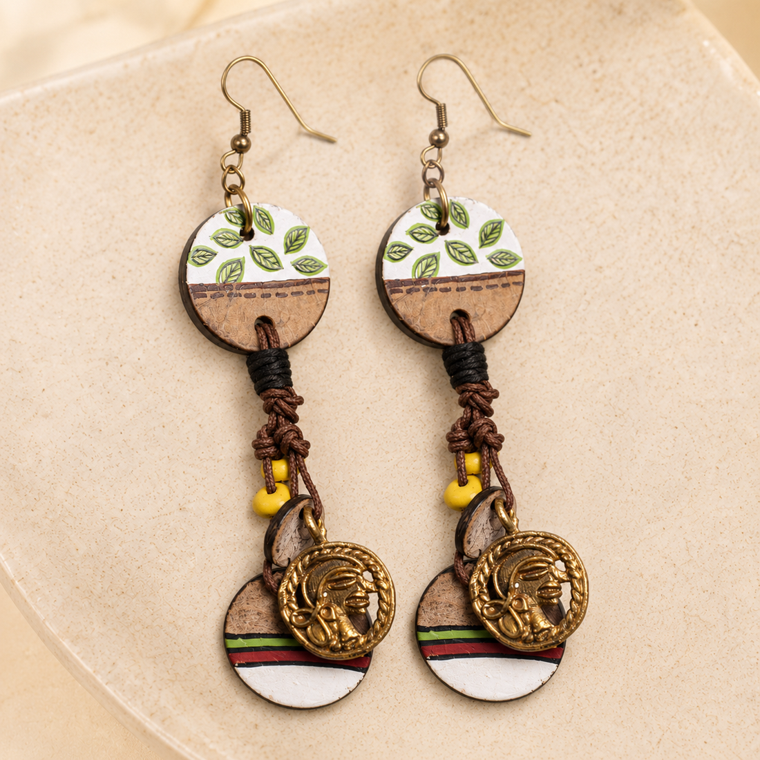 Boho Chic: Hanging Brass Wooden Earrings with Leaf Designs