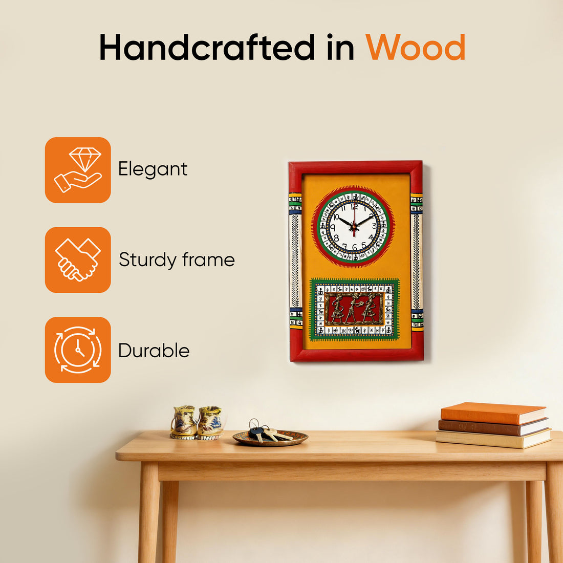 Wall Clock Handcrafted Warli/Dhokra Art Yellow Dial with Glass Frame (10x15)