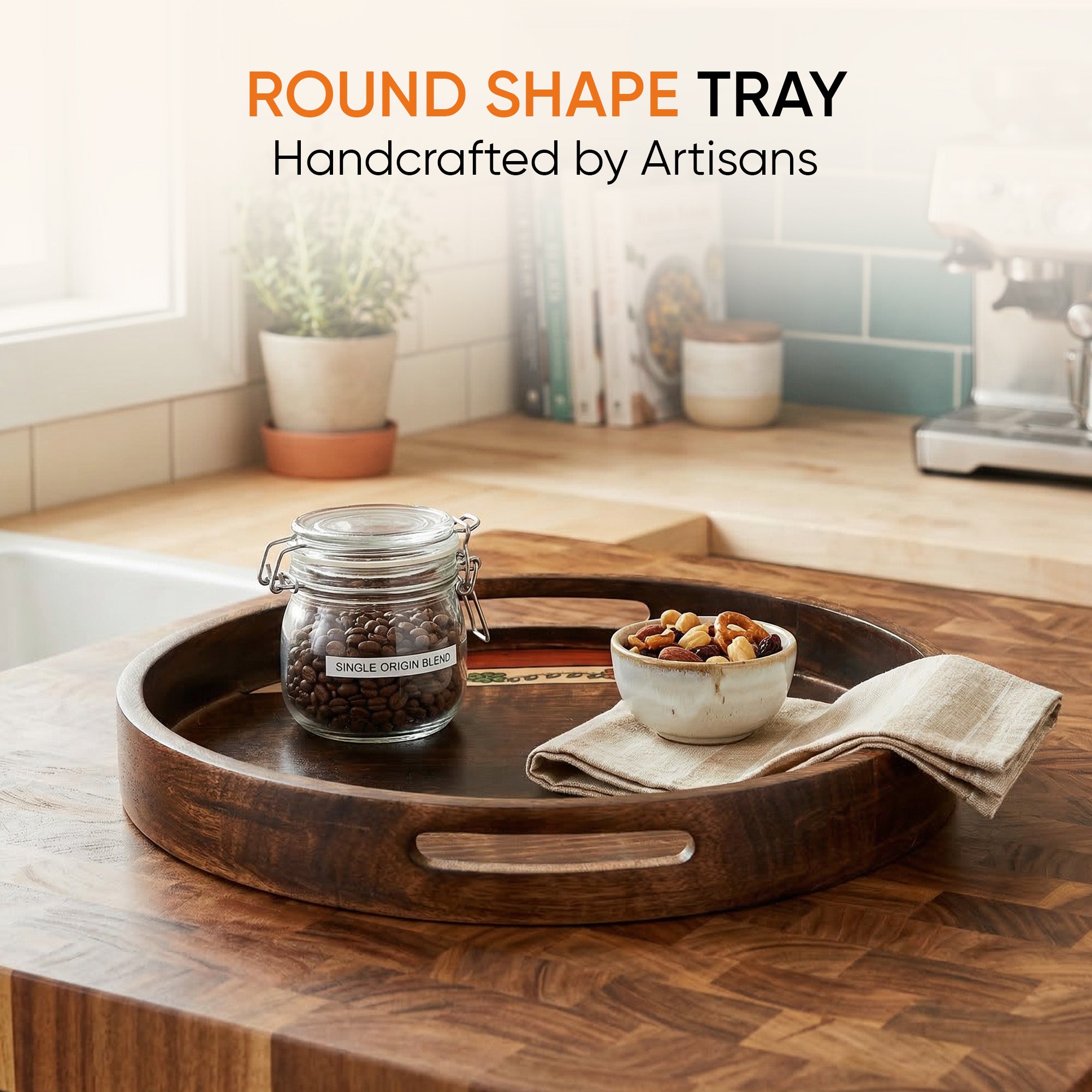 Tray Round shape Handpainted with Flower Motifs Handcrafted in Mango Wood (12x12")