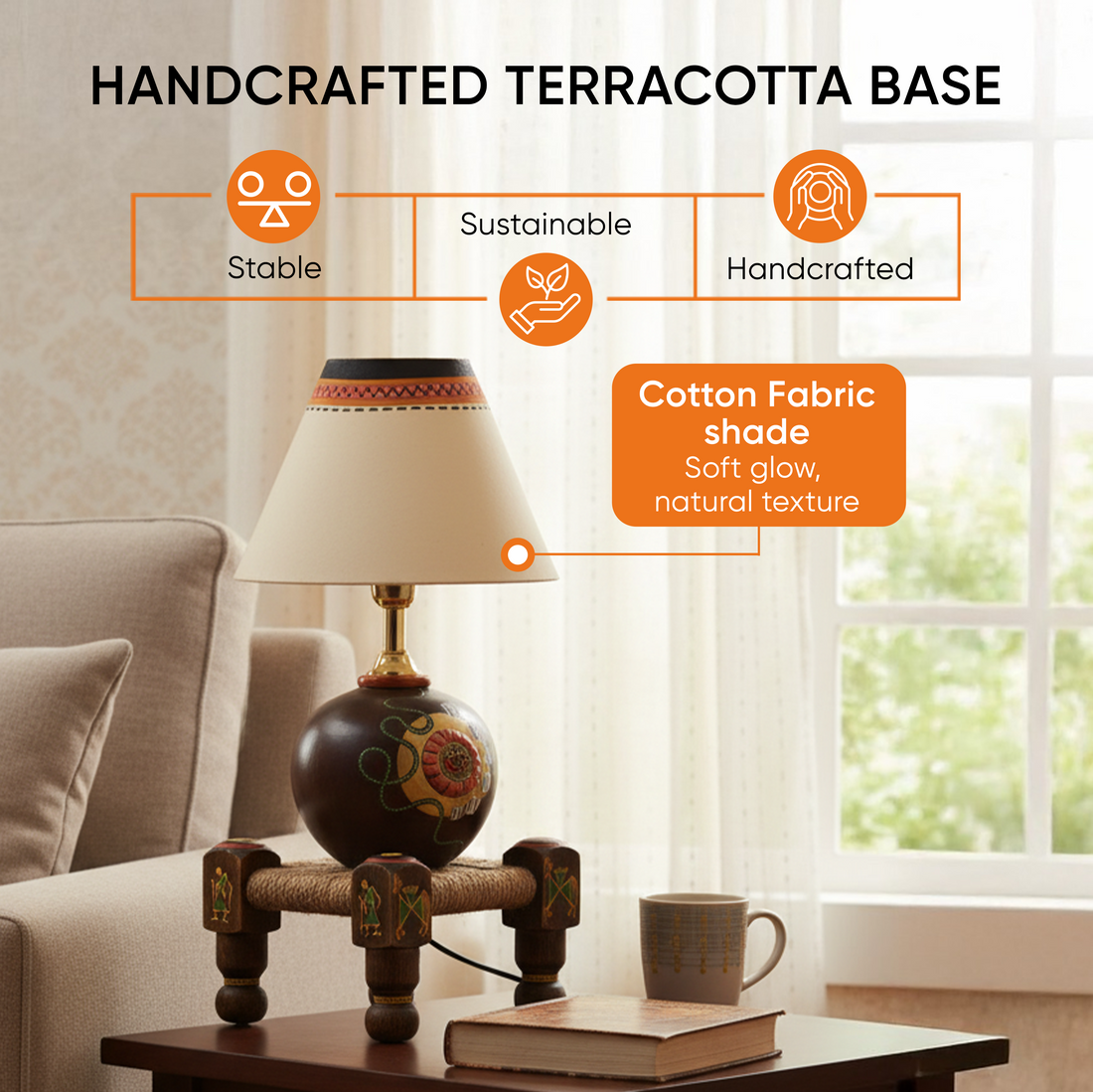 Table Lamp Earthen in Brown Color on Jute Wooden Manji Handcrafted with White Shade (8x8x17)