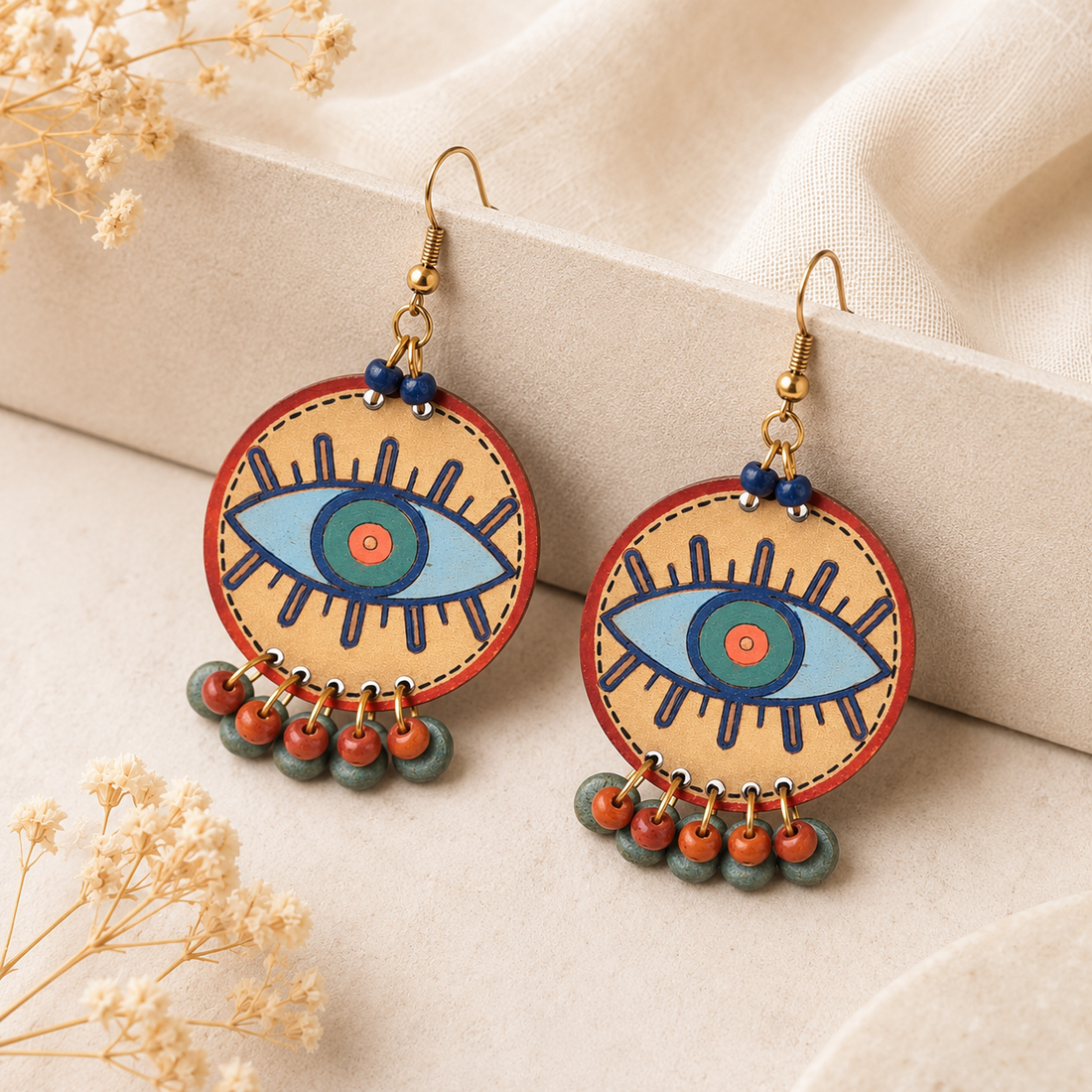 Evil Eye-II' Handcrafted Tribal Wooden Earrings