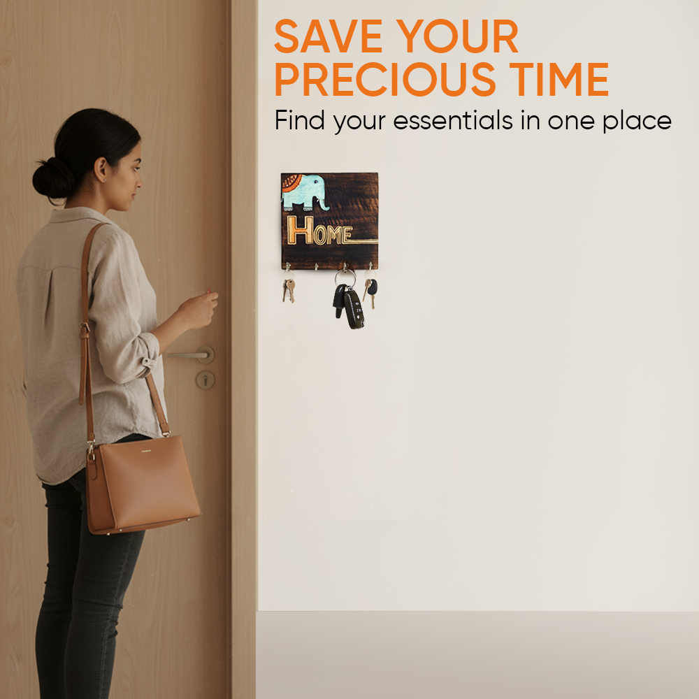 Hola Wooden Key Holder with Hand Painted Elephant and HOME Design, Wall Mounted Key Organizer for Homedecor