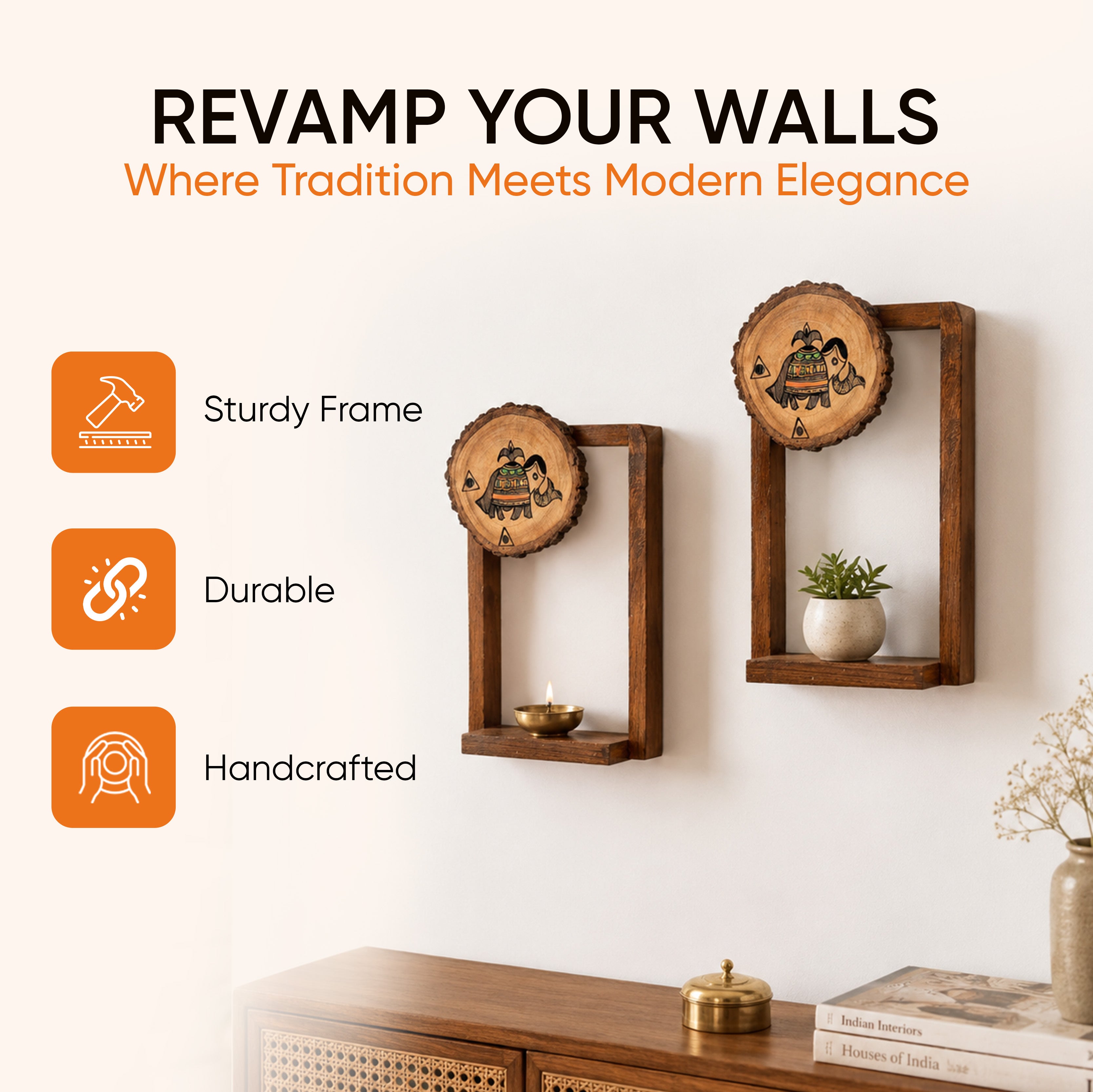 Wall Decor Round Coaster Handcrafted Wooden Shelves (Set of 2) (6x2.5x9)