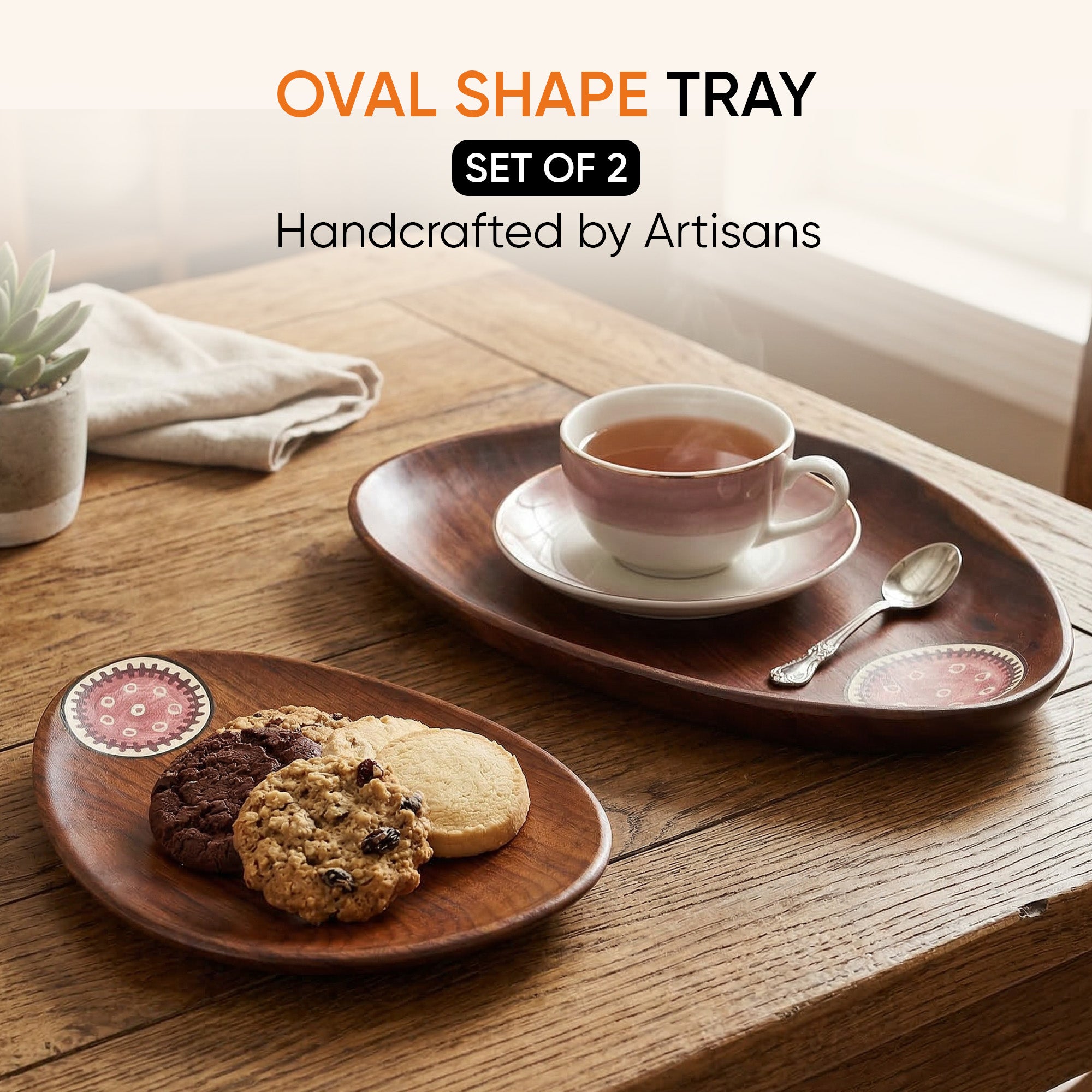 Trays in Oval Shape with Tribal Art Handcrafted in RoseWood (11x7")