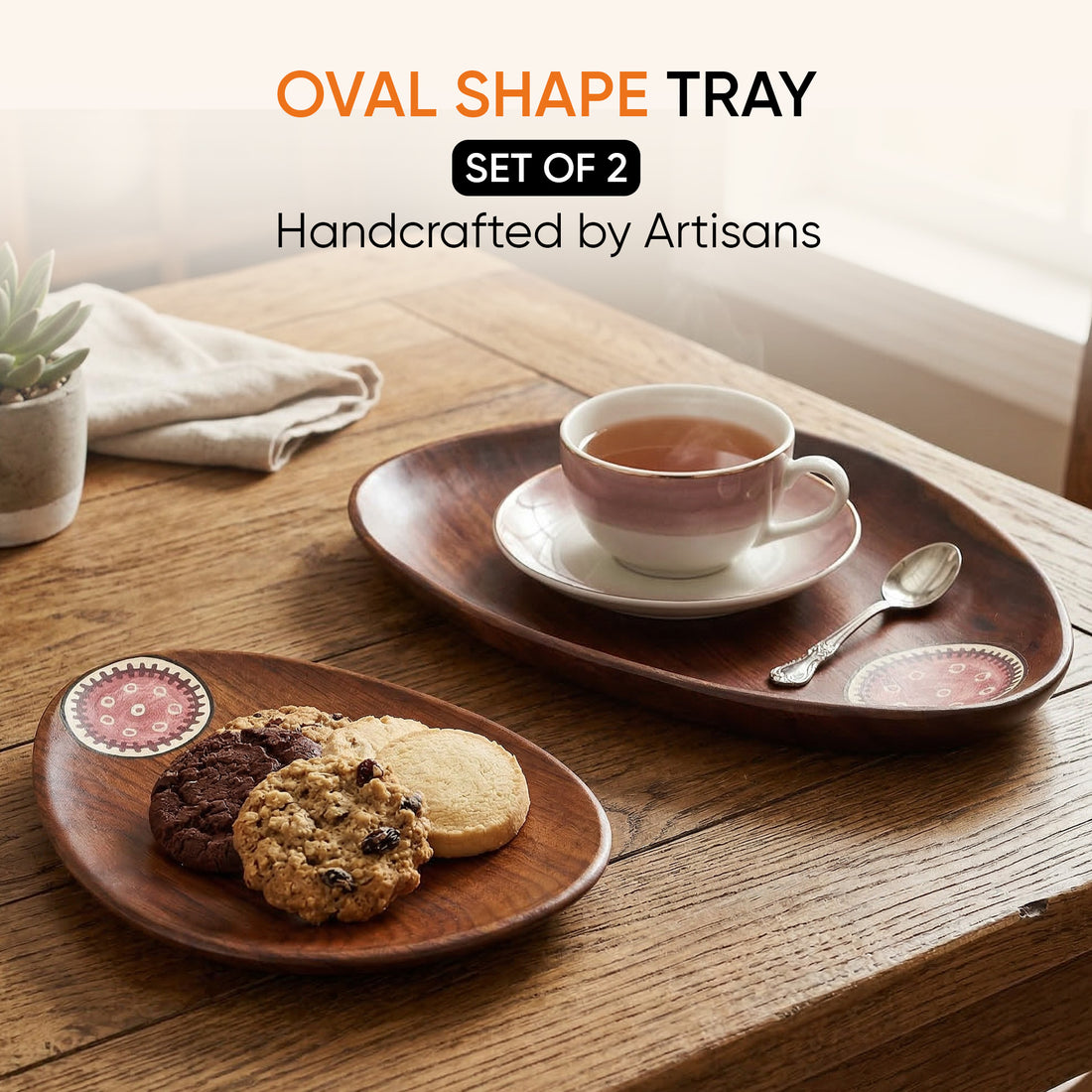 Trays in Oval Shape with Tribal Art Handcrafted in RoseWood (11x7")