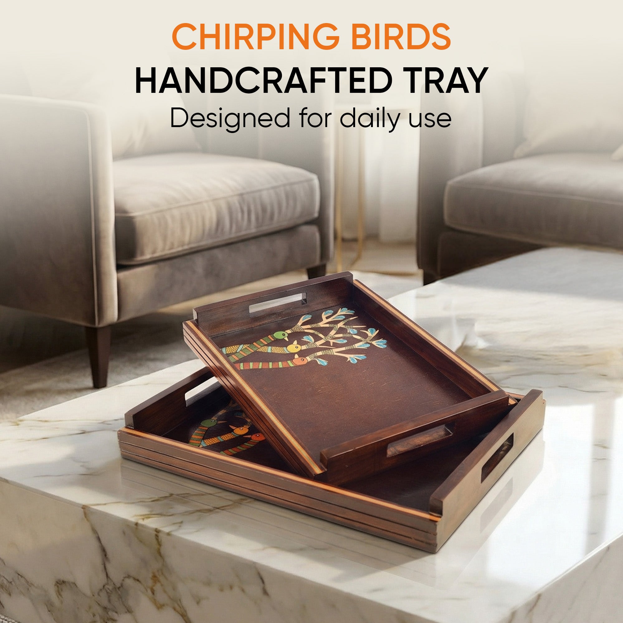 Chriping Birds Handcrafted Serving Tray Set of 2