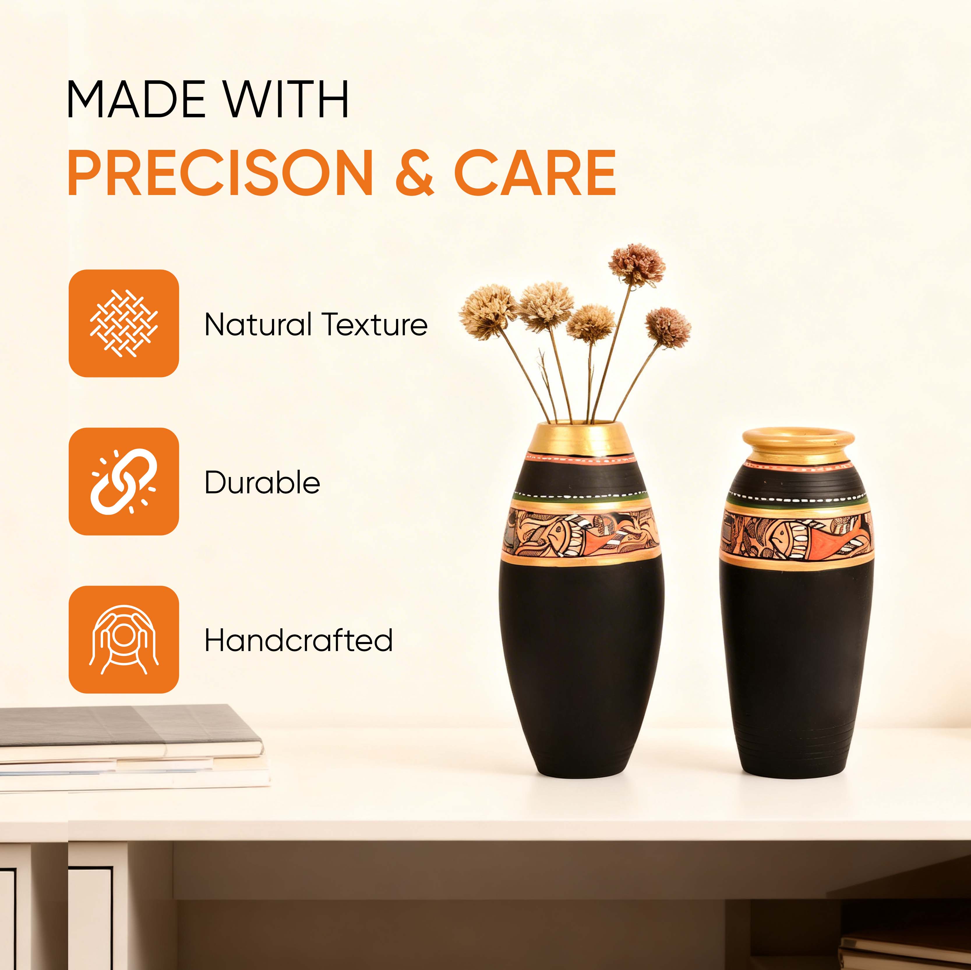 Vase Earthen Black Madhubani (Set of 2) (6.4x3/6x3)